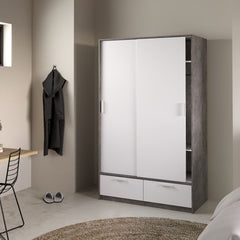 Line White & Concrete Sliding Wardrobe with 2 Drawers – Modern Bedroom Storage Wardrobe