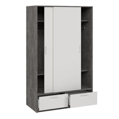 Line White & Concrete Sliding Wardrobe with 2 Drawers – Modern Bedroom Storage Wardrobe
