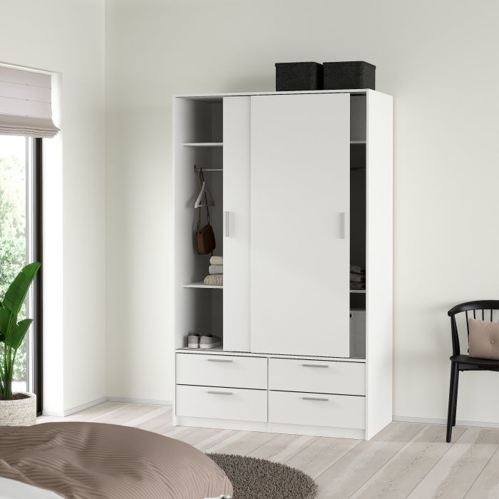 Line White Sliding Wardrobe with 4 Drawers – 2 Door Bedroom Storage Wardrobe