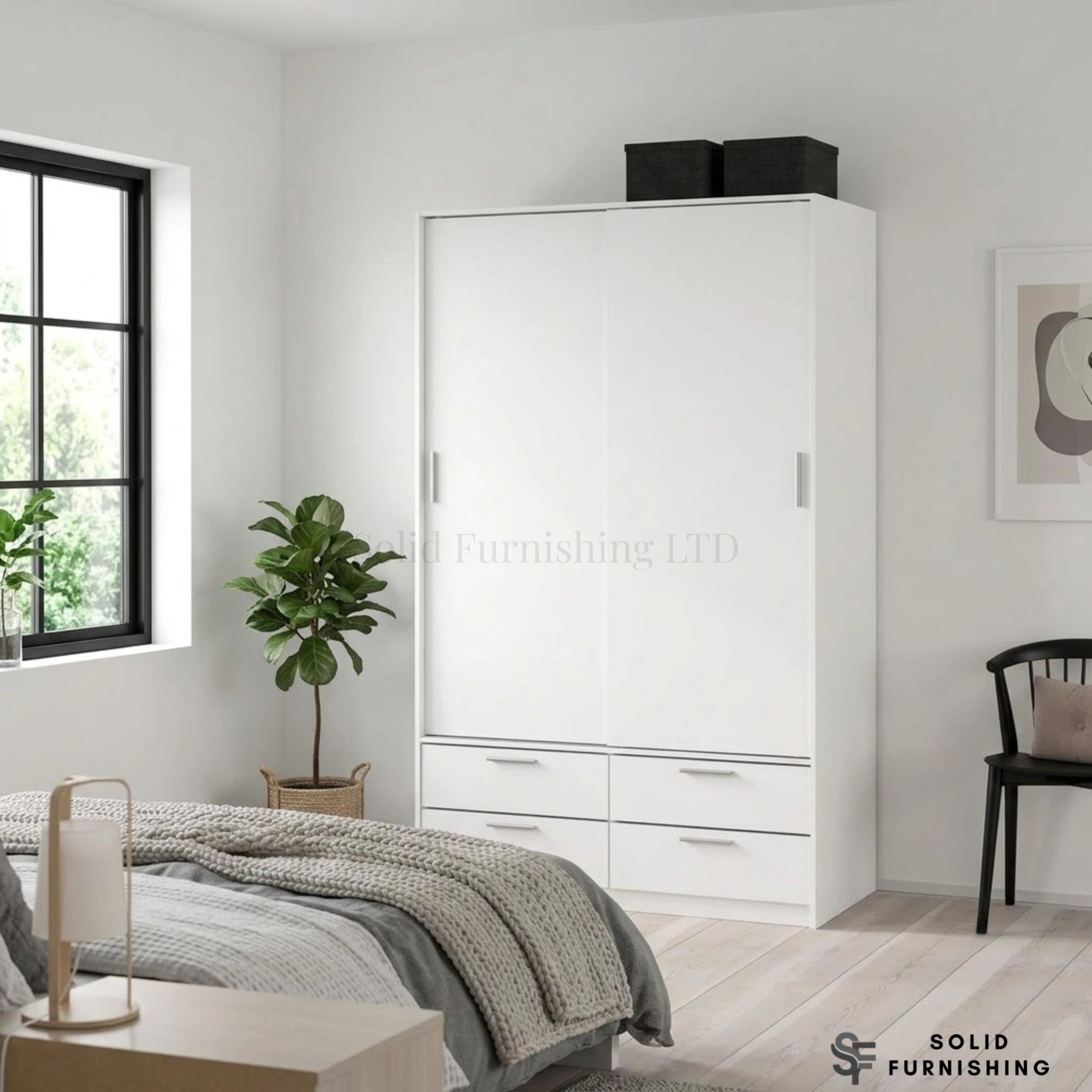 Line White Sliding Wardrobe with 4 Drawers – 2 Door Bedroom Storage Wardrobe