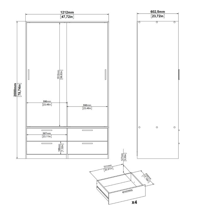 Line White Sliding Wardrobe with 4 Drawers – 2 Door Bedroom Storage Wardrobe