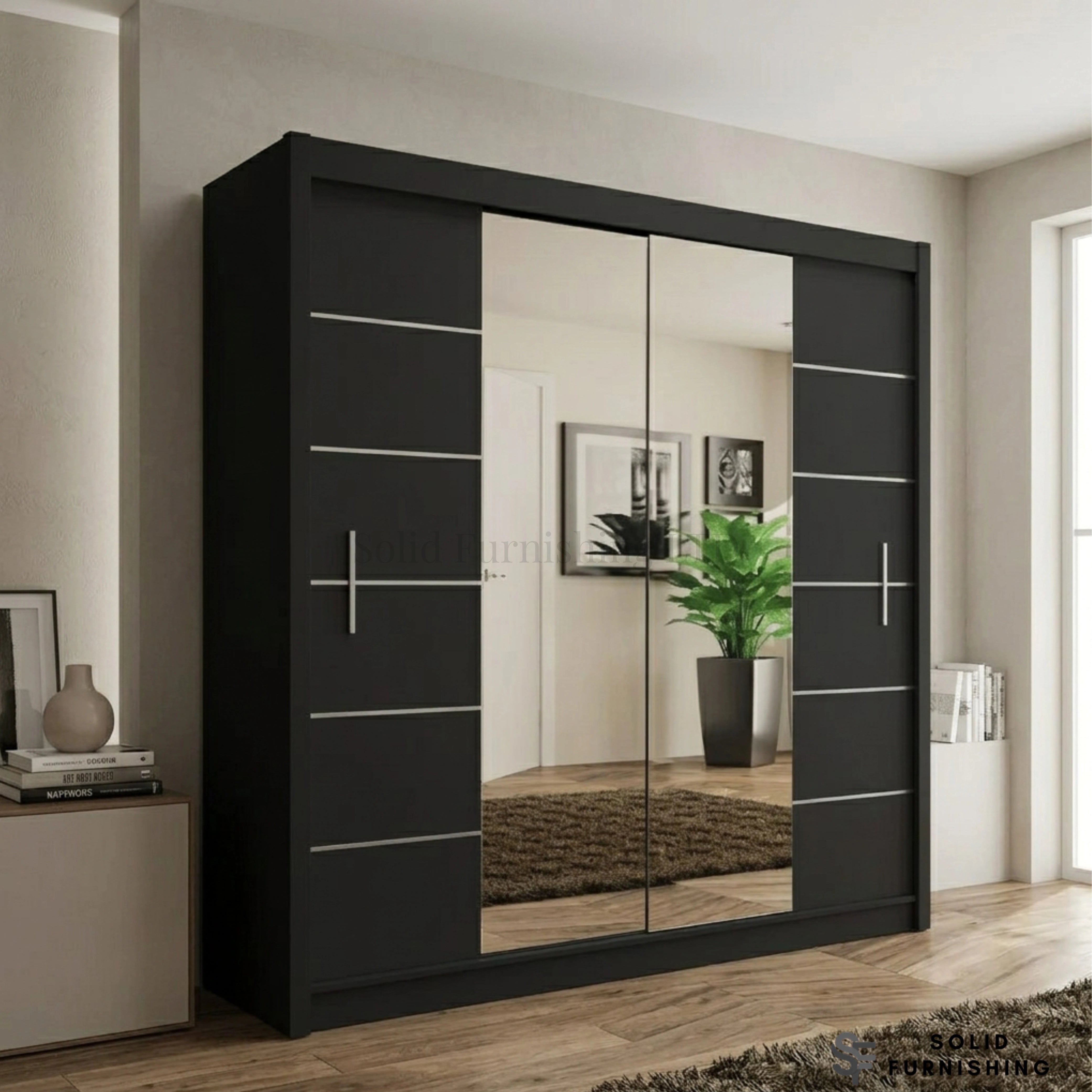 Lisbon Black Mirrored Sliding Wardrobe – Modern Bedroom Storage Wardrobe