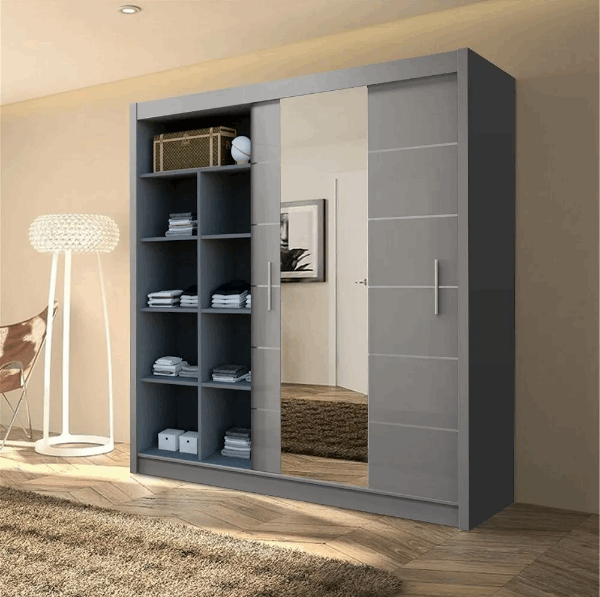 Lisbon Grey Mirrored Sliding Wardrobe – Modern Space Saver Bedroom Wardrobe