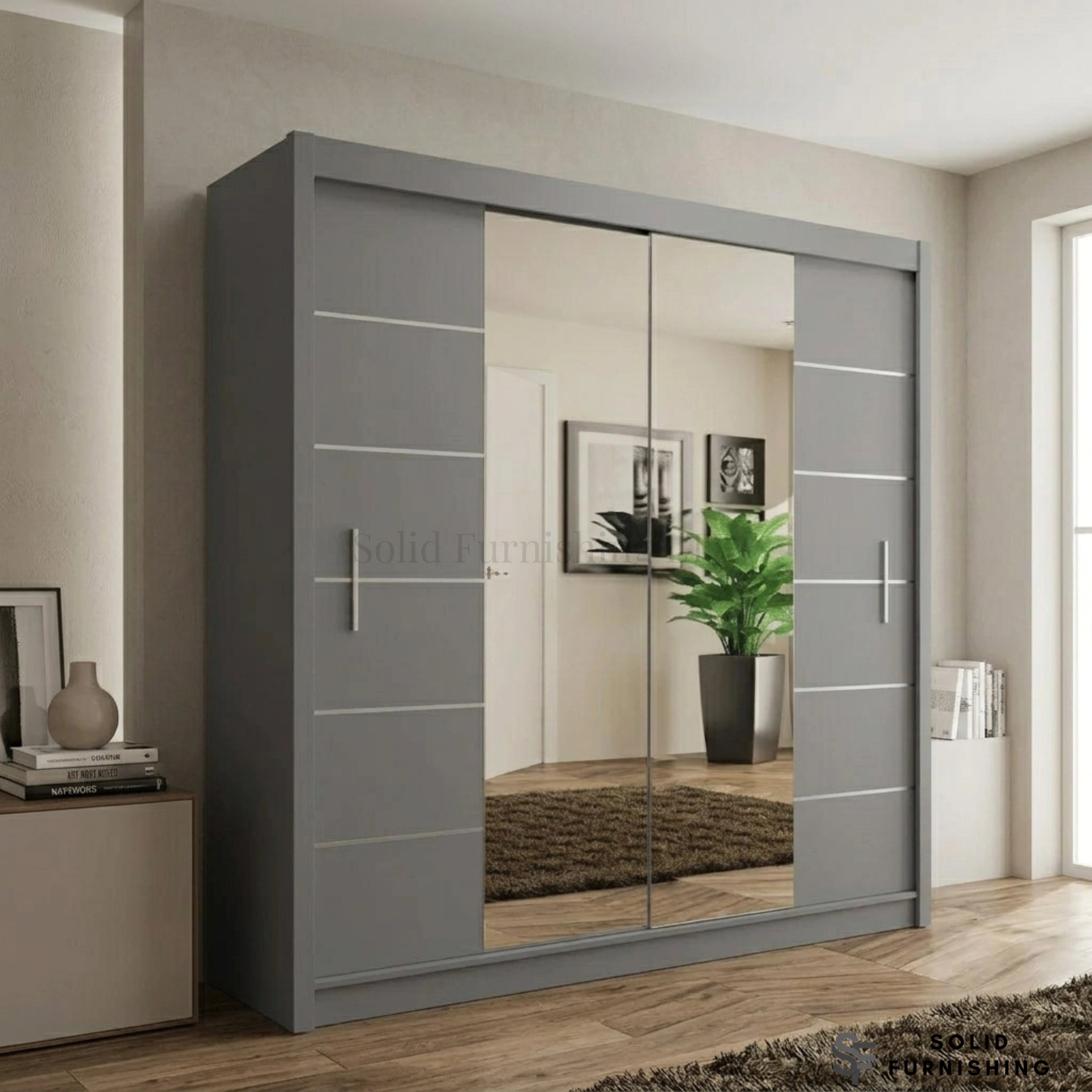 Lisbon Grey Mirrored Sliding Wardrobe – Modern Space Saver Bedroom Wardrobe