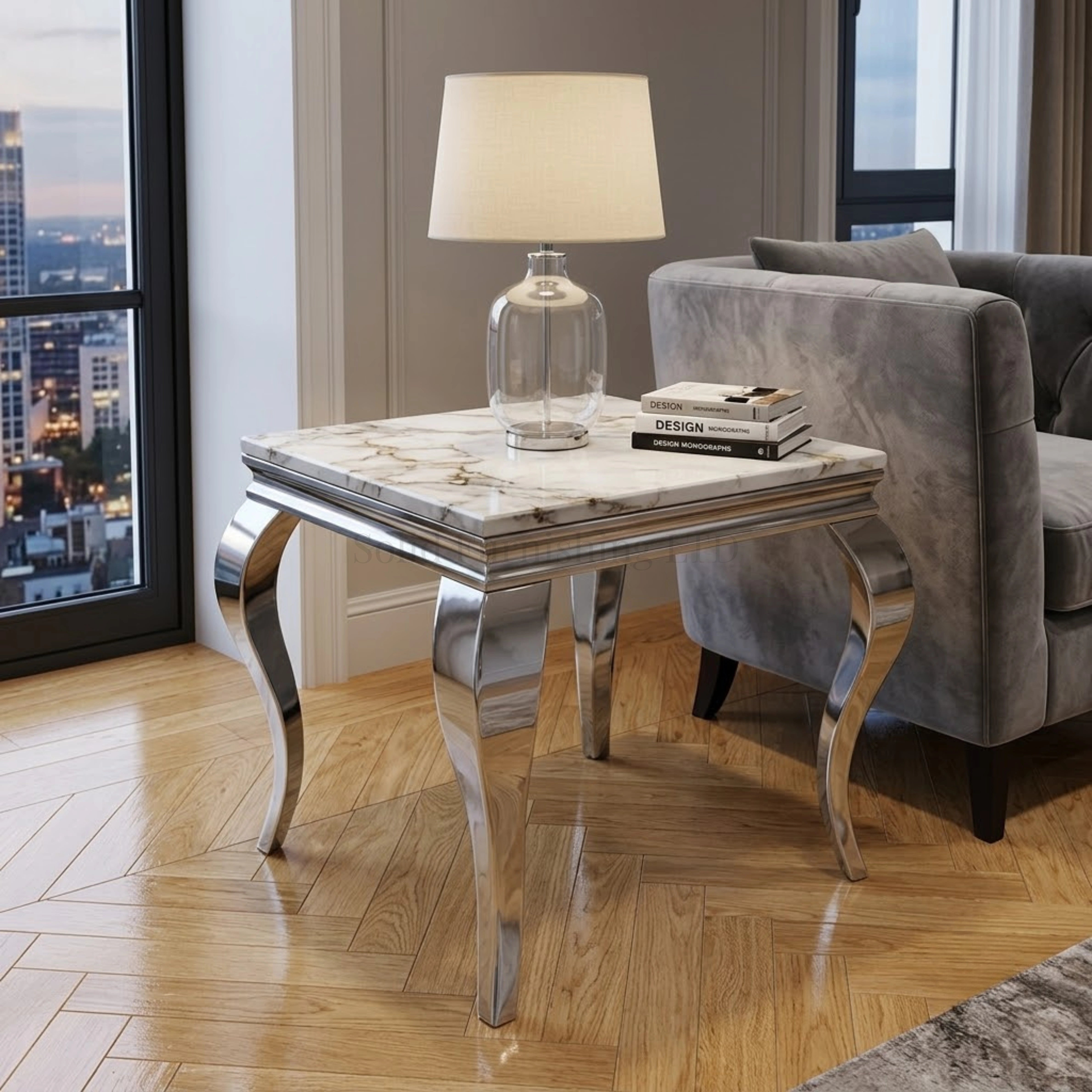 Louis Chrome Side Table – Marble & Ceramic Lamp Table