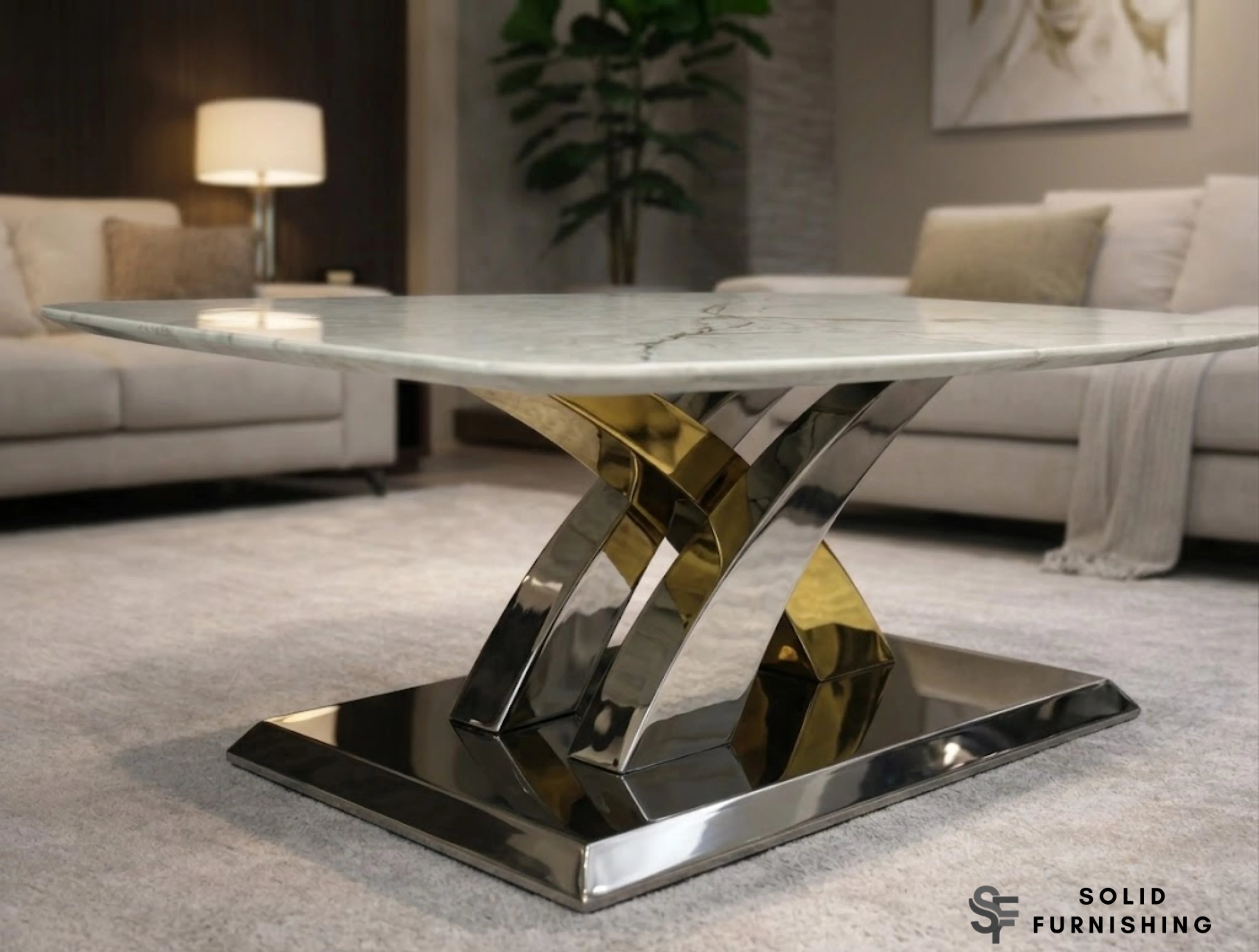 Lucy Cream Marble Coffee Table – Silver & Gold Cross Base Centre Table