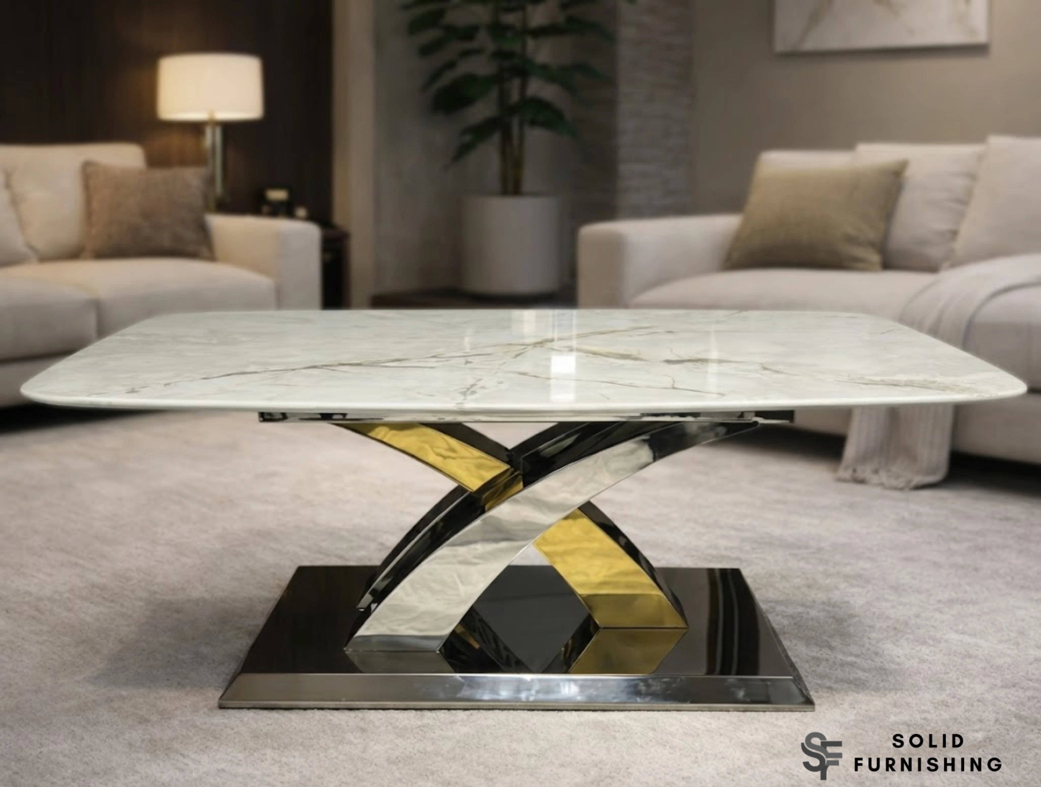 Lucy Cream Marble Coffee Table – Silver & Gold Cross Base Centre Table