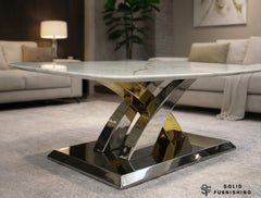Lucy Cream Marble Coffee Table – Silver & Gold Cross Base Centre Table
