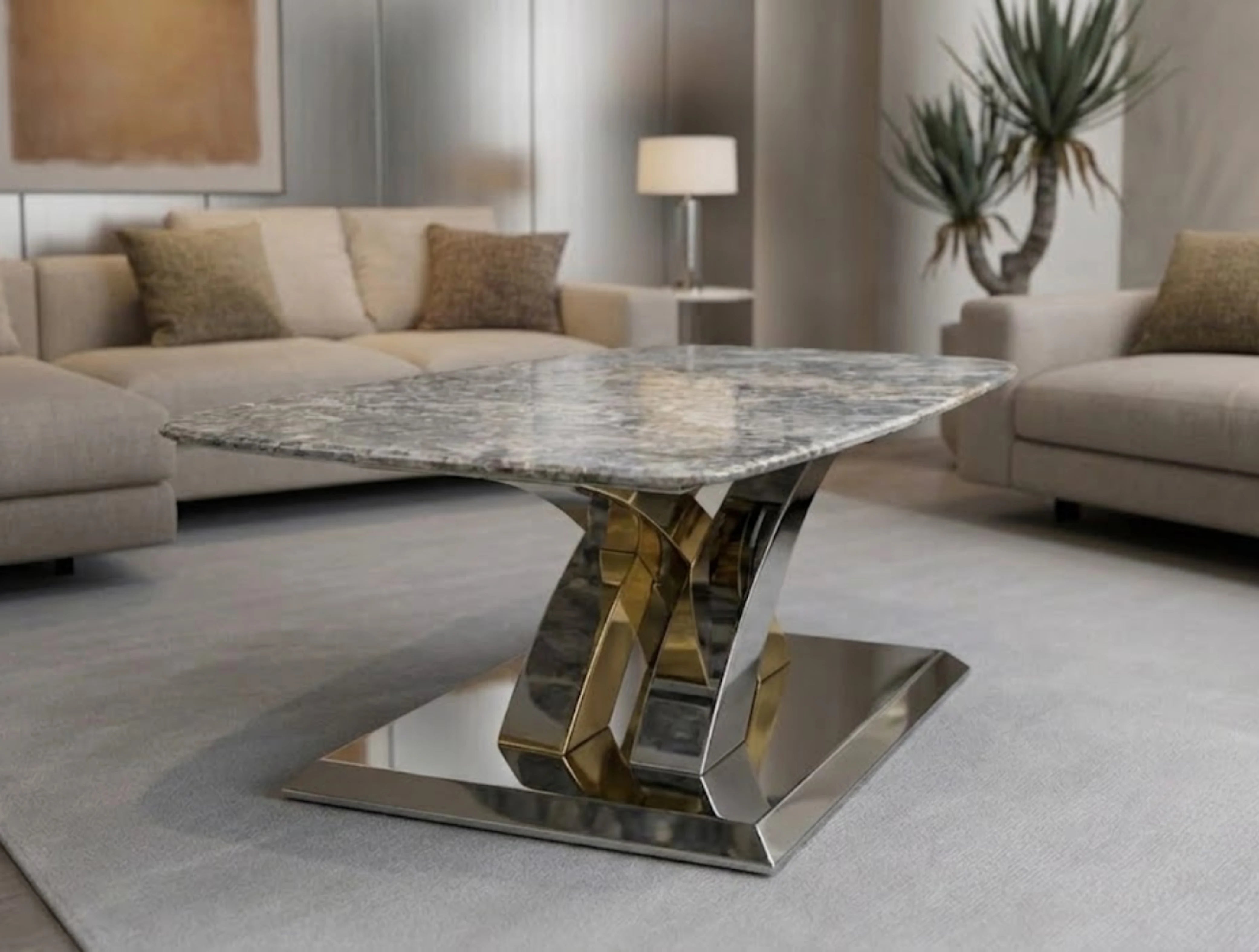 Lucy Grey Marble Coffee Table – Luxury Silver & Gold Cross Base Modern Table