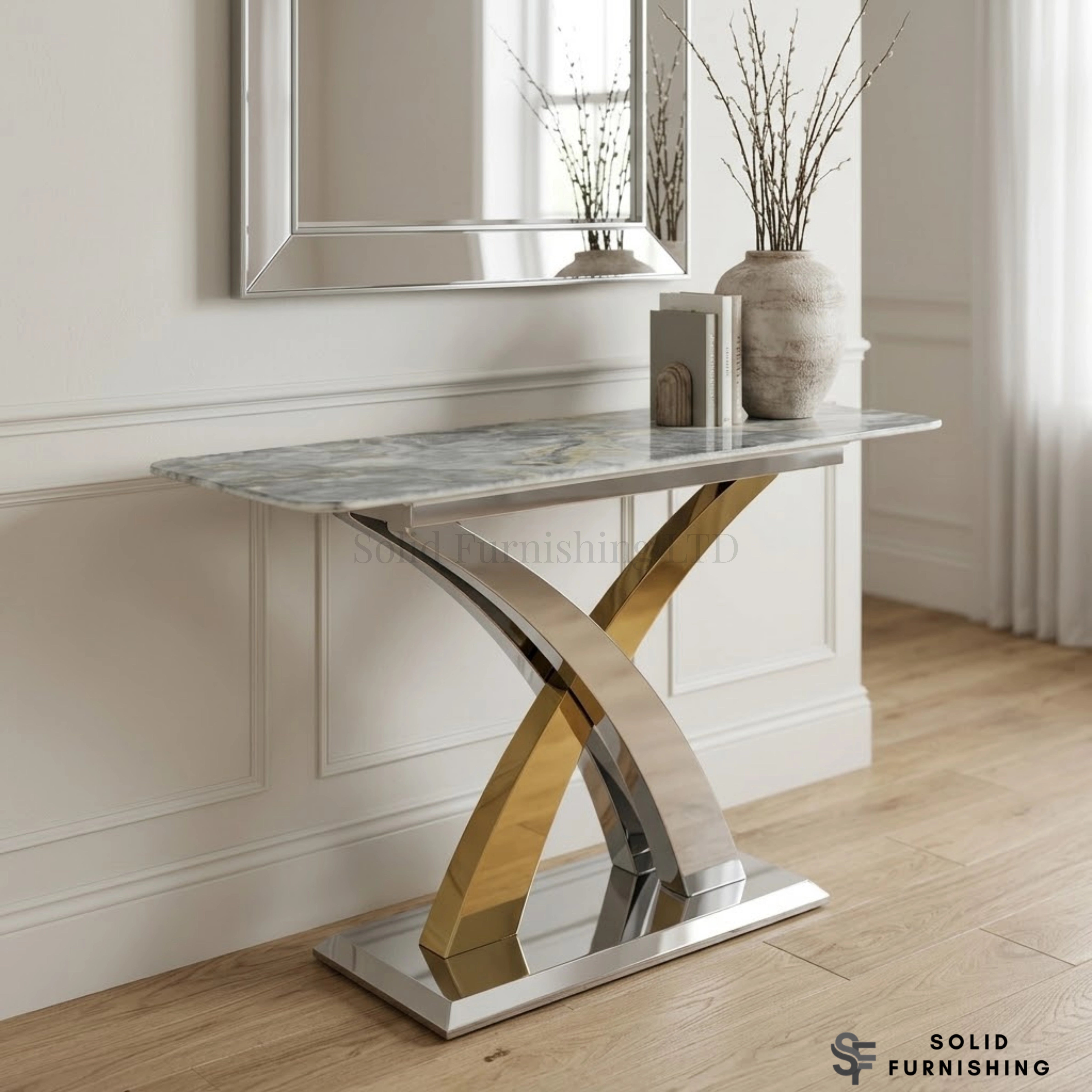 Lucy Silver & Gold Console Table – Luxury Marble Hallway Cross Frame Table UK