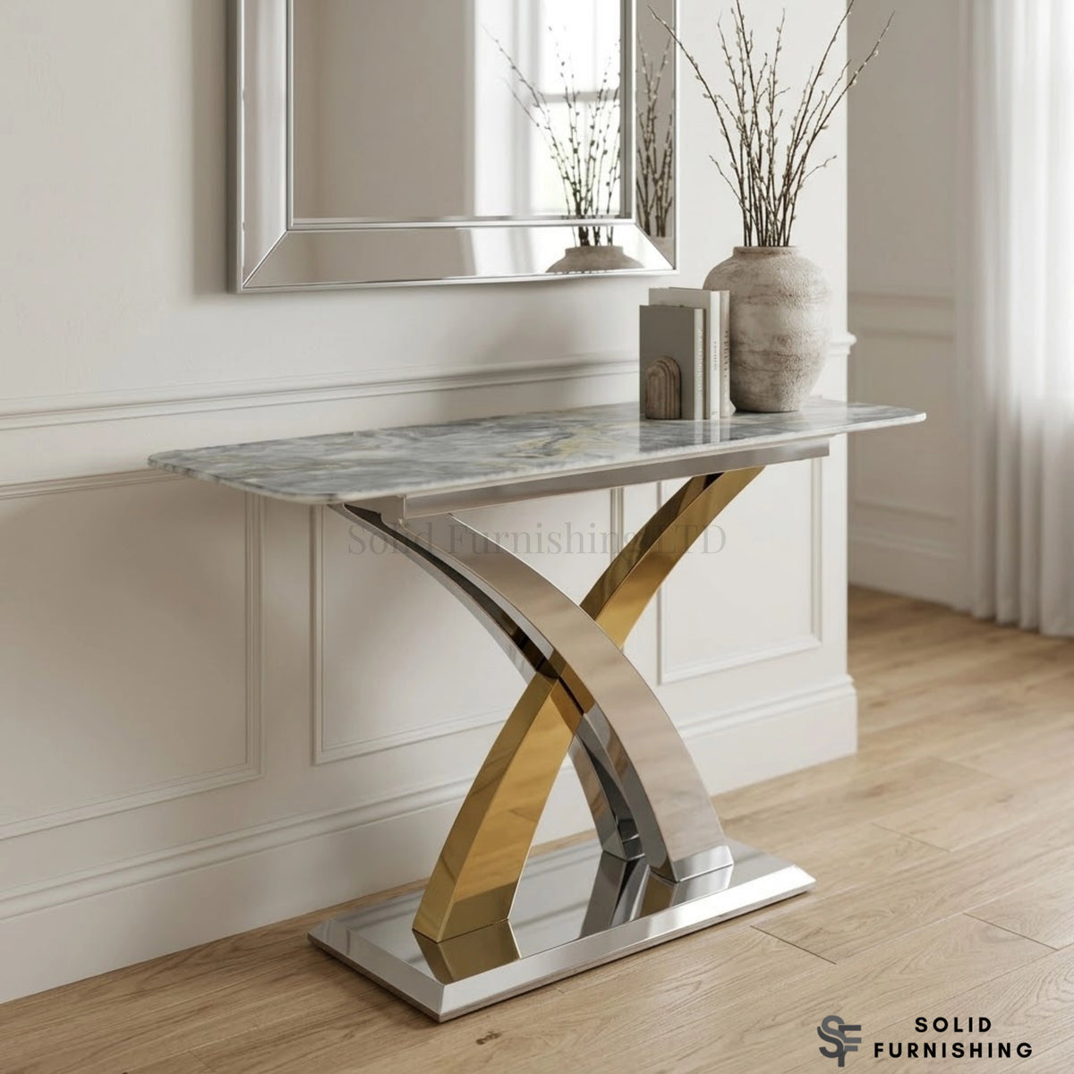 Lucy Silver & Gold Console Table – Luxury Marble Hallway Cross Frame Table UK