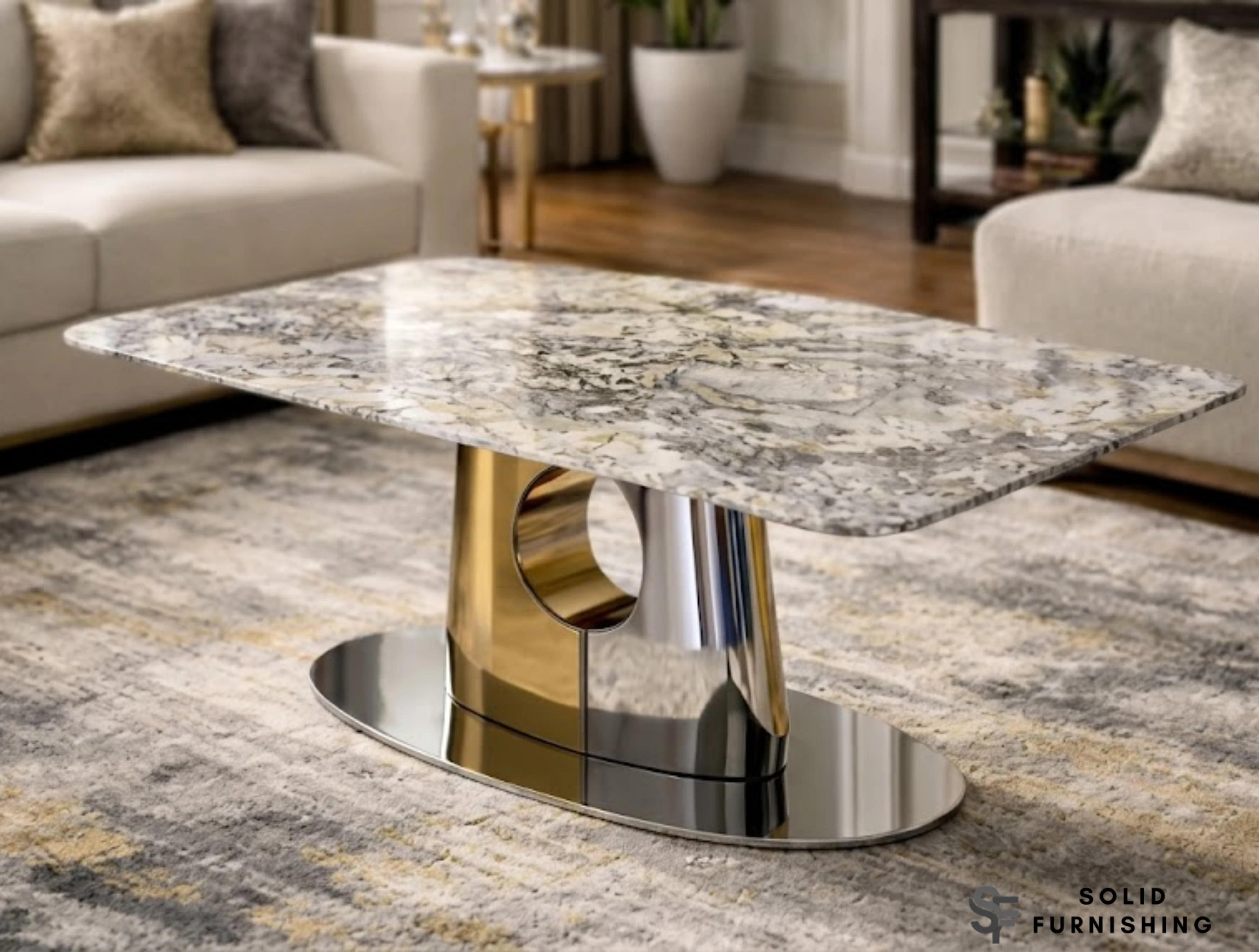Madrid Marble Coffee Table – Cream/Grey Top | Luxury Silver & Gold Centre Table