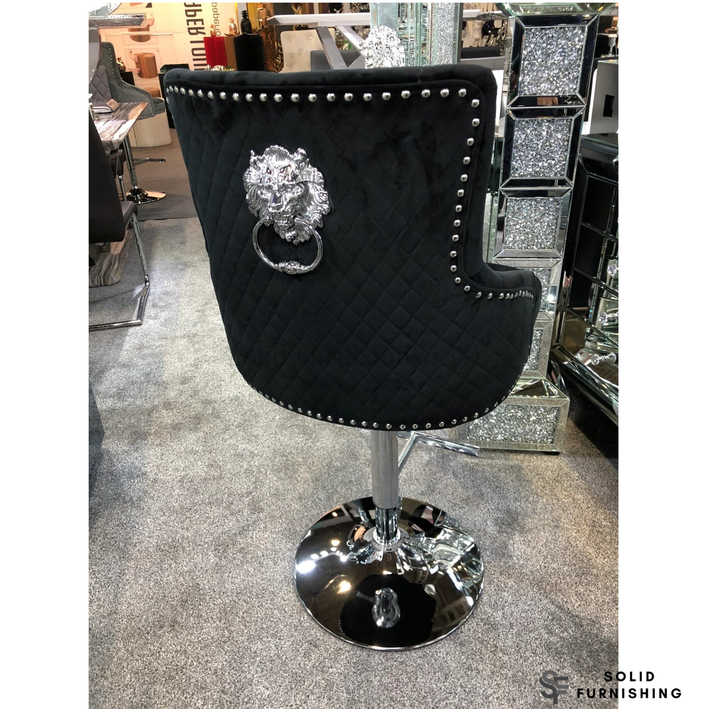 Majestic Black Fabric Swivel Bar Stool – Chrome Lion Knocker Breakfast Bar Chair