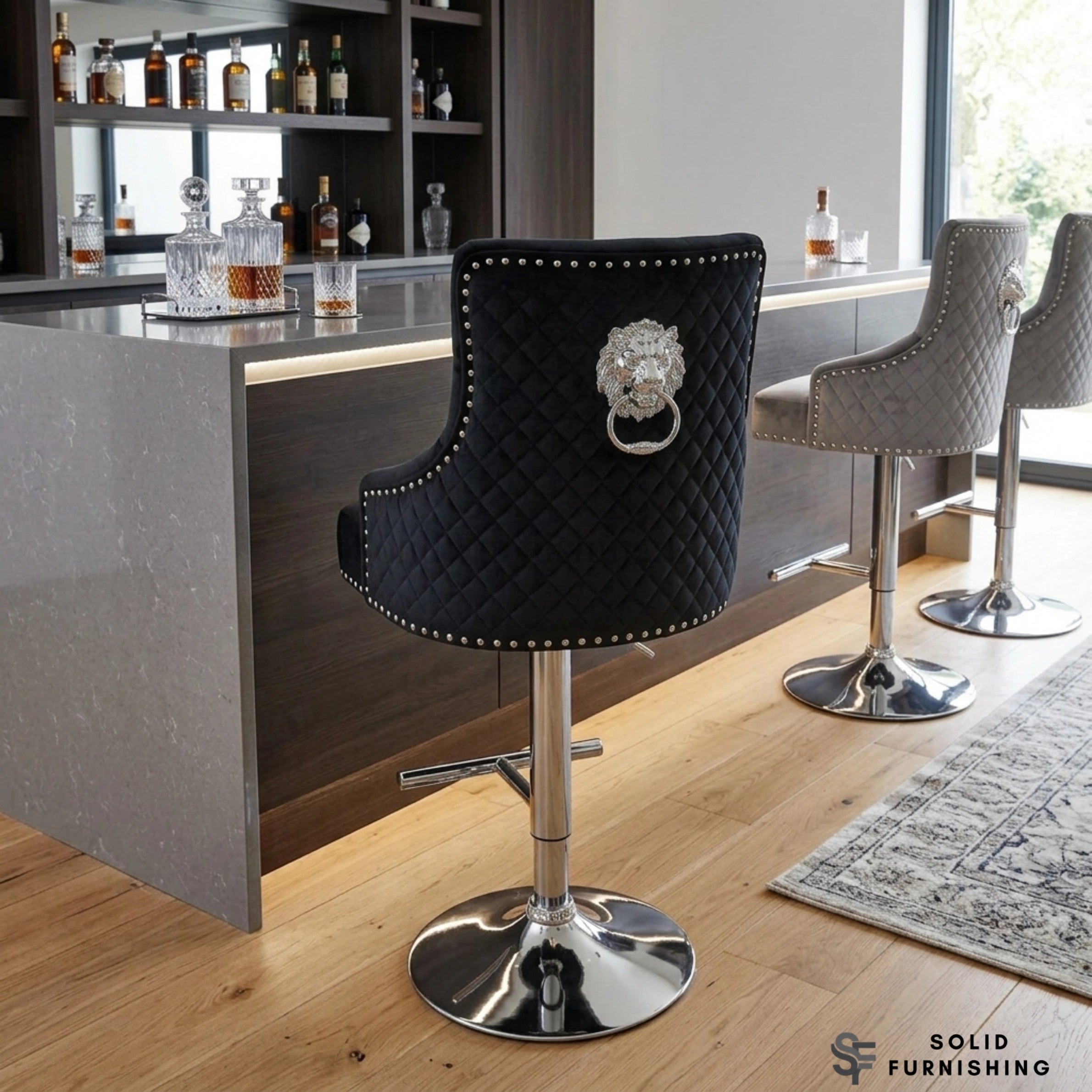 Majestic Black Fabric Swivel Bar Stool – Chrome Lion Knocker Breakfast Bar Chair