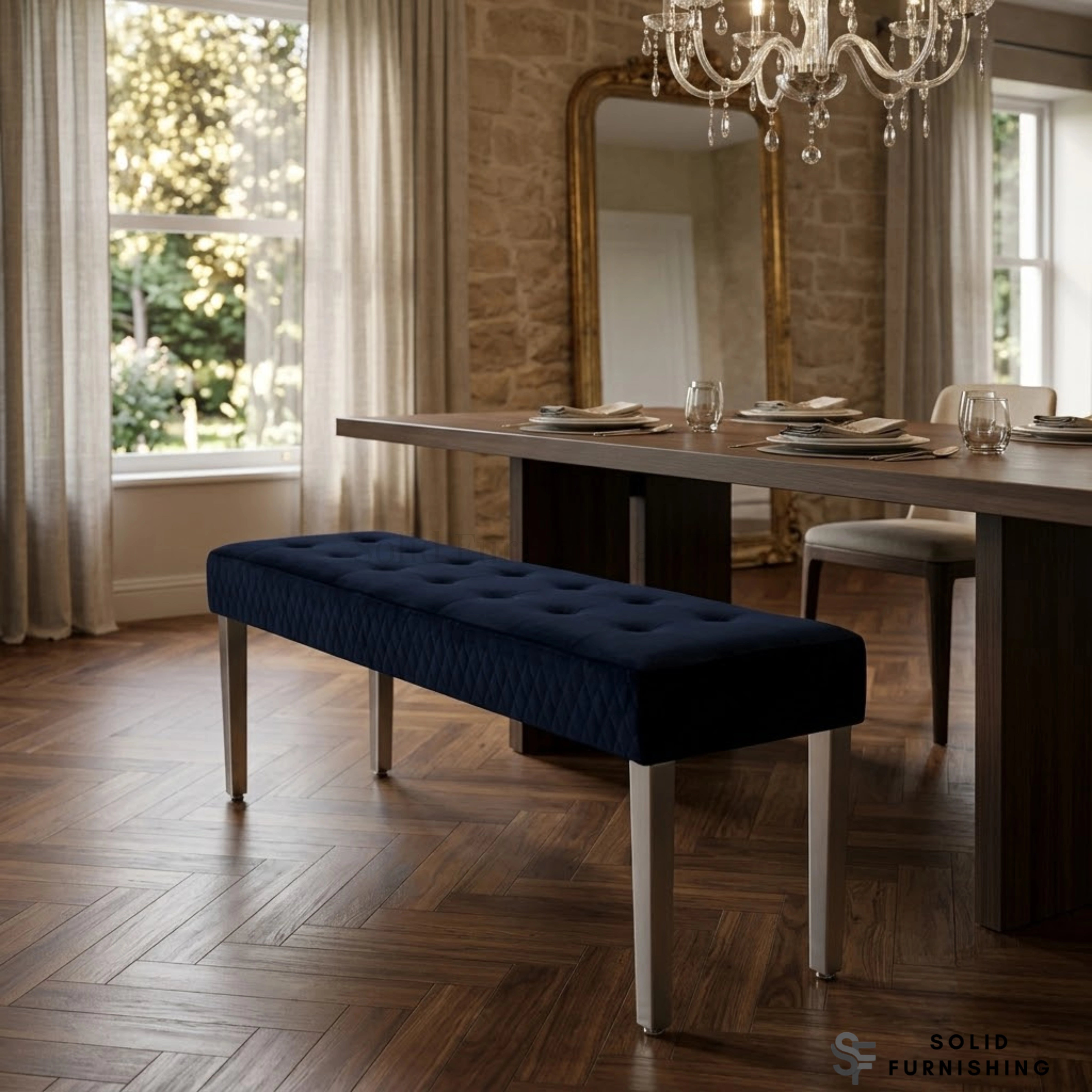 Majestic French Velvet Dining Bench – Quilted Buttoned Bench with Stainless Steel Legs