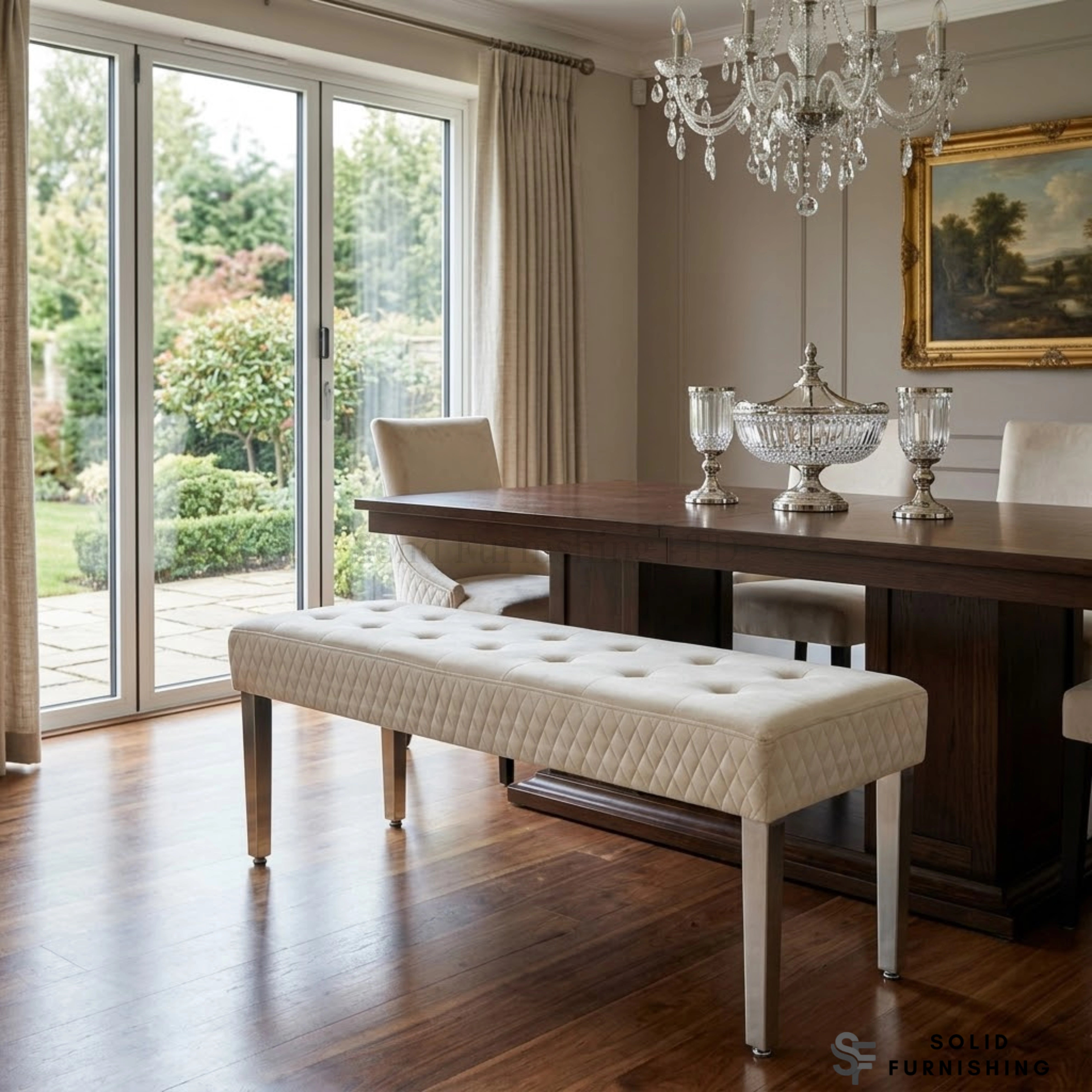 Majestic French Velvet Dining Bench – Quilted Buttoned Bench with Stainless Steel Legs