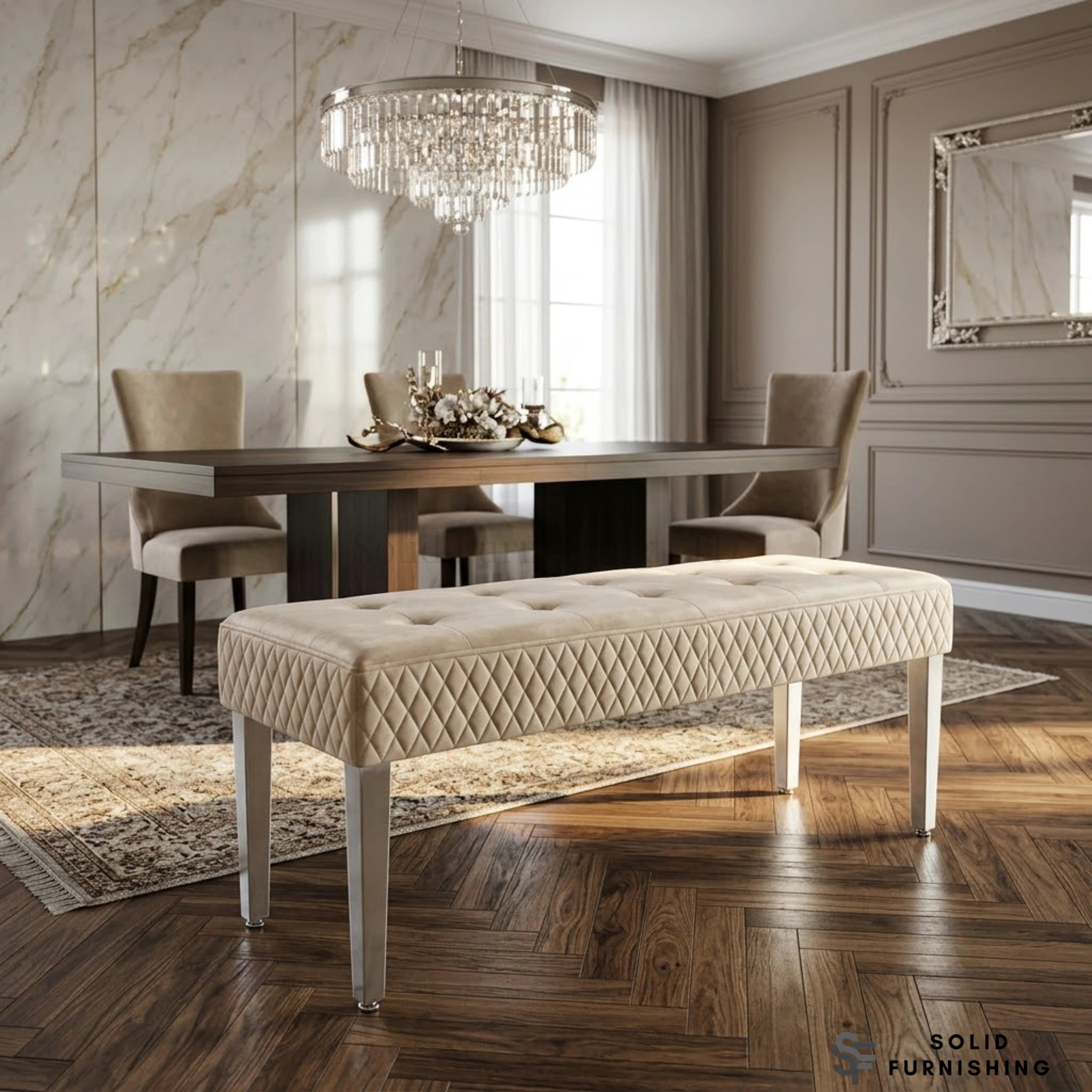 Majestic French Velvet Dining Bench – Quilted Buttoned Bench with Stainless Steel Legs