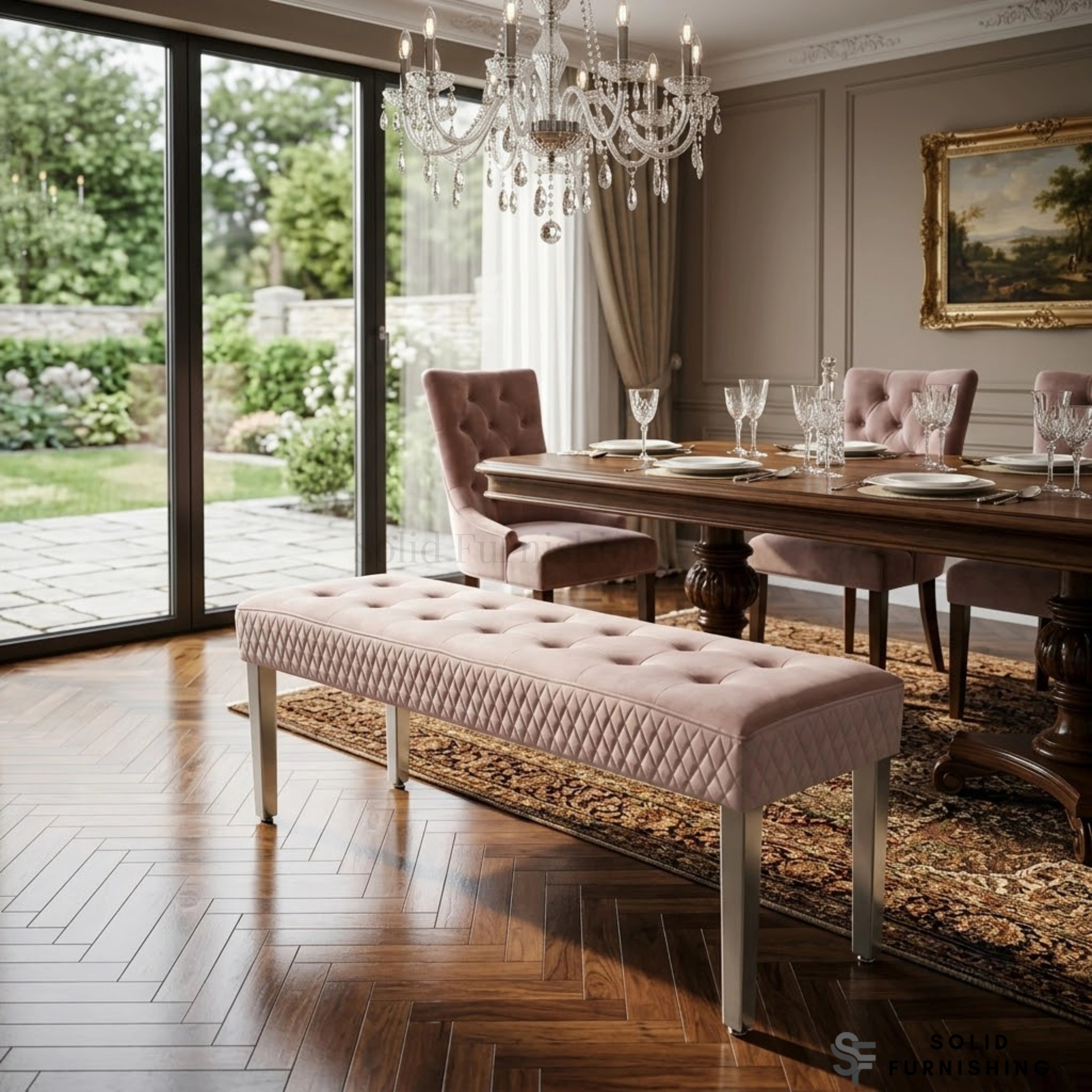 Majestic French Velvet Dining Bench – Quilted Buttoned Bench with Stainless Steel Legs