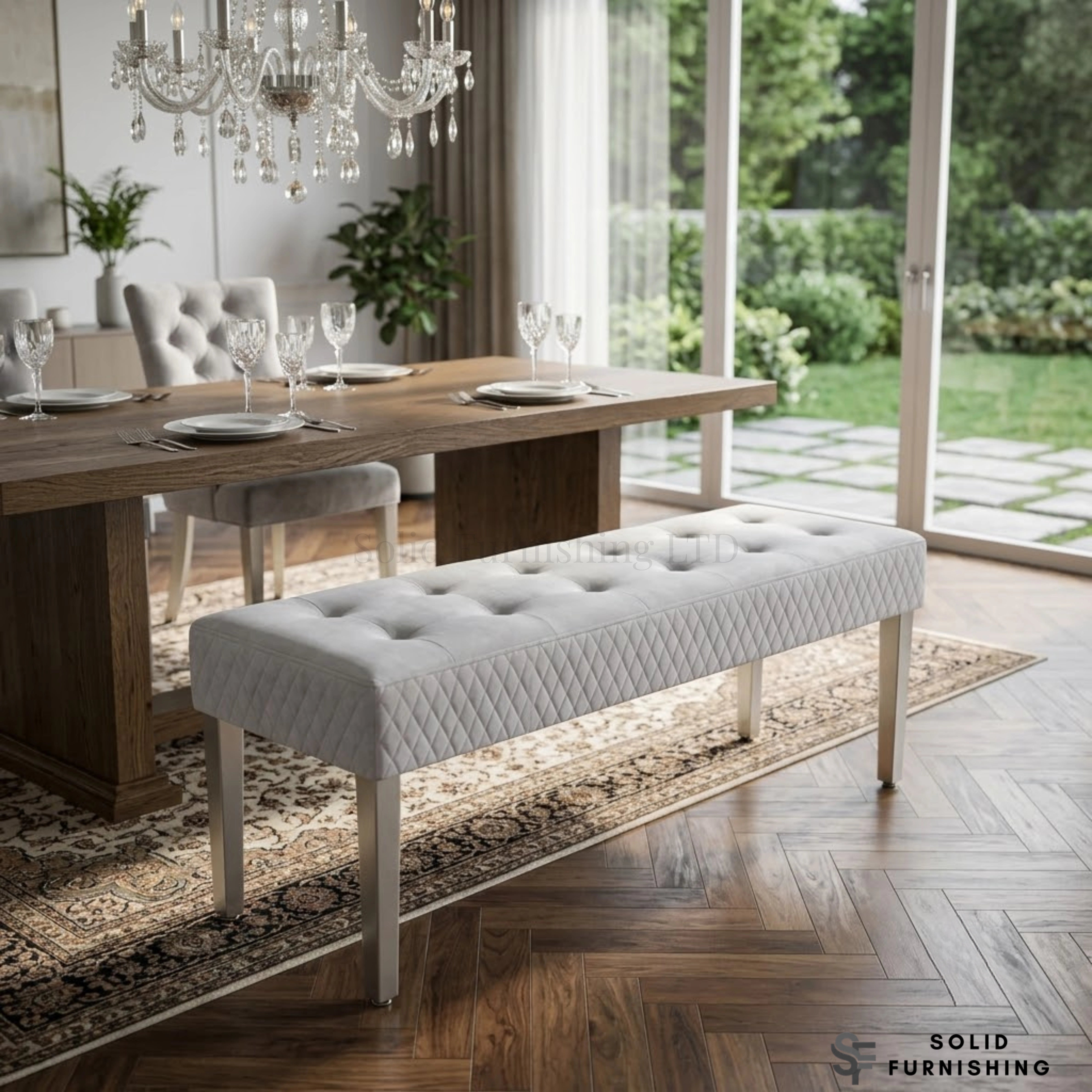 Majestic French Velvet Dining Bench – Quilted Buttoned Bench with Stainless Steel Legs