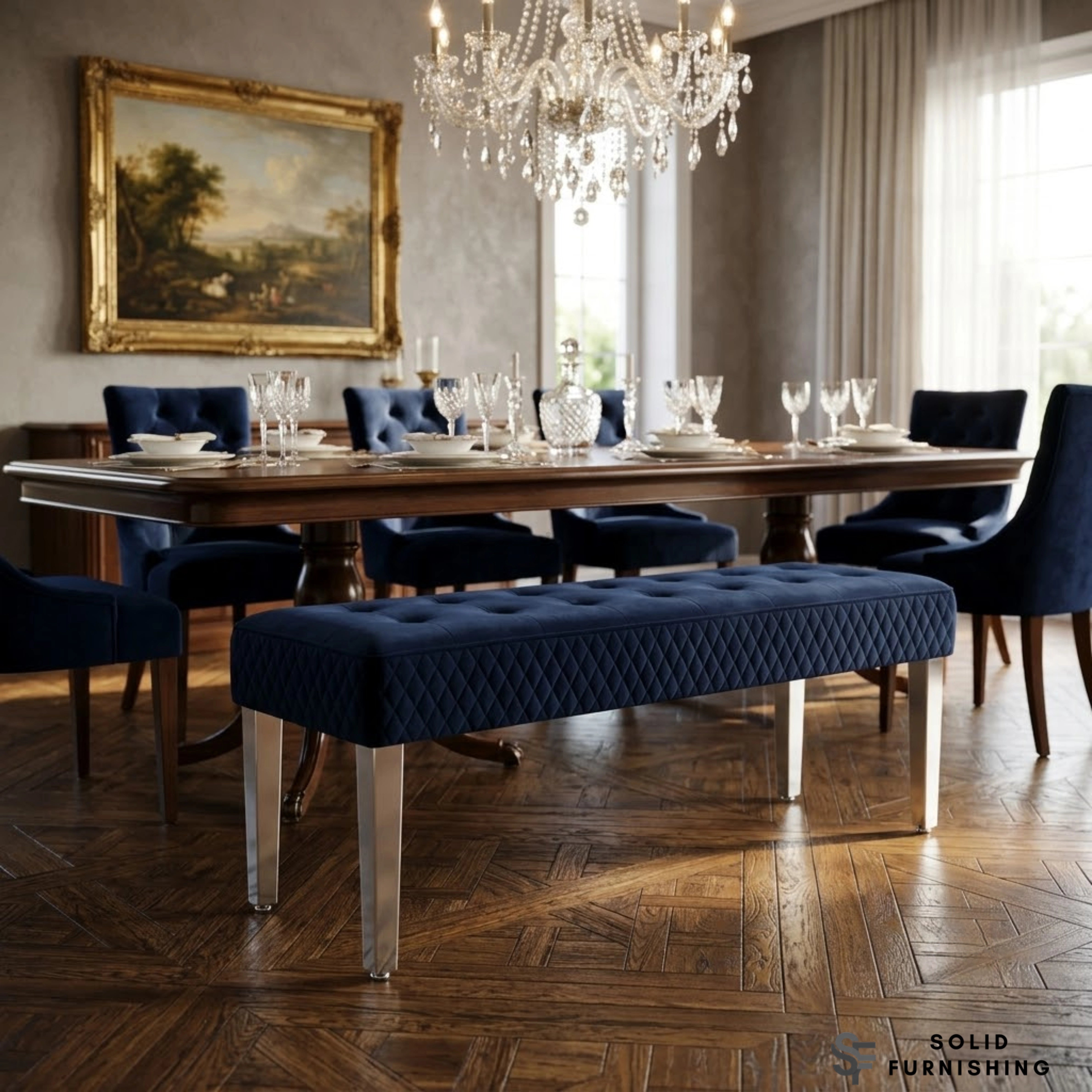 Majestic French Velvet Dining Bench – Quilted Buttoned Bench with Stainless Steel Legs