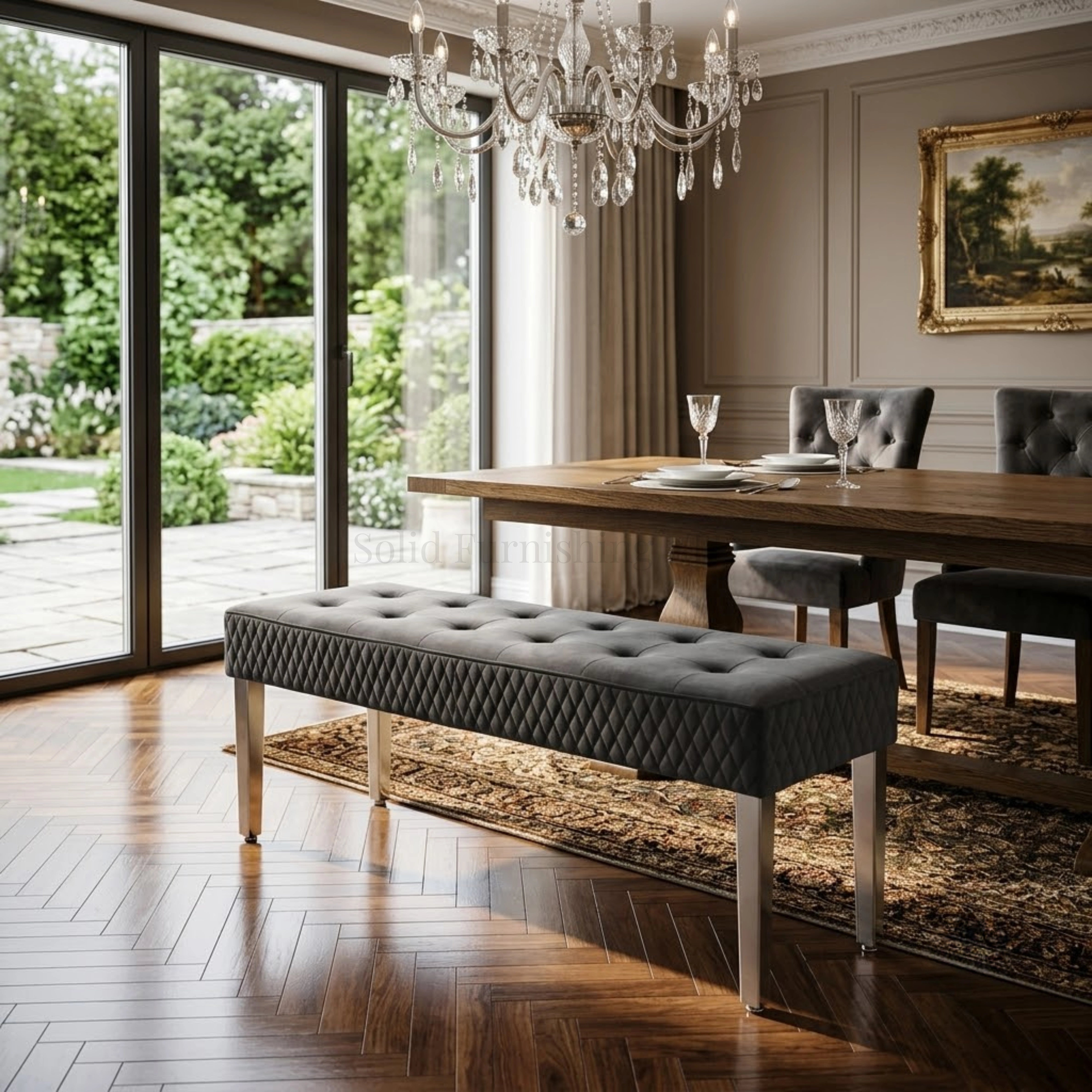 Majestic French Velvet Dining Bench – Quilted Buttoned Bench with Stainless Steel Legs