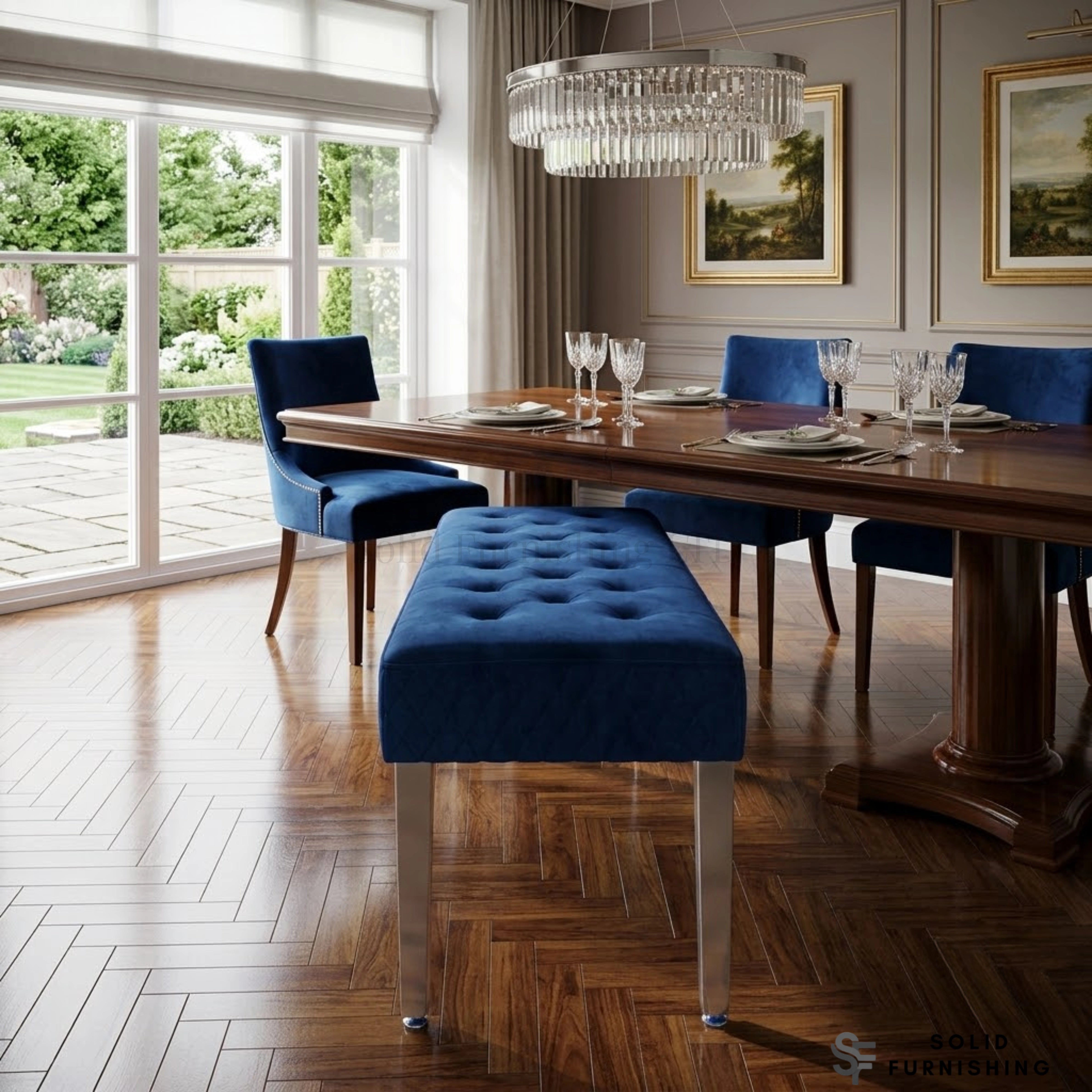 Majestic French Velvet Dining Bench – Quilted Buttoned Bench with Stainless Steel Legs