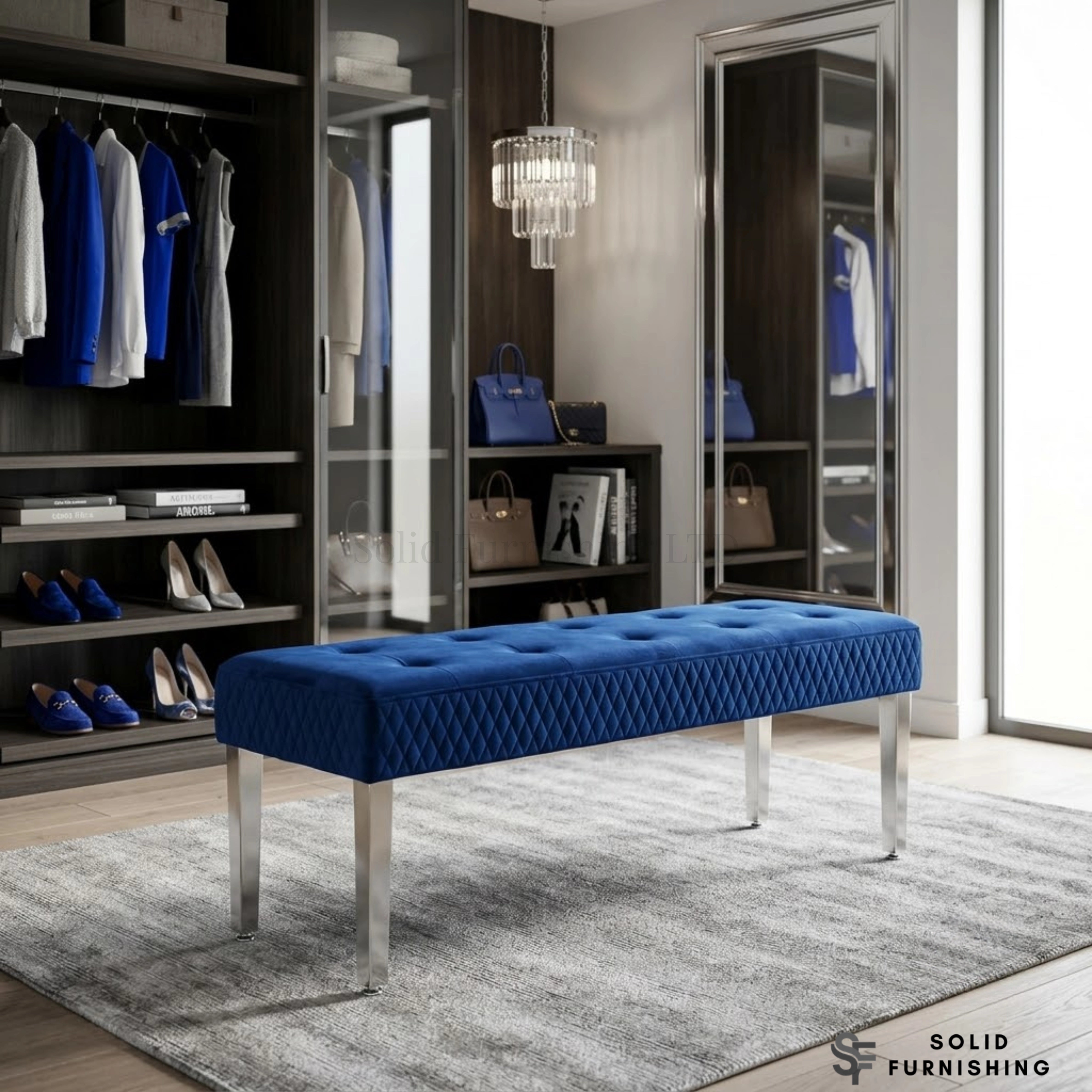 Majestic French Velvet Dining Bench – Quilted Buttoned Bench with Stainless Steel Legs