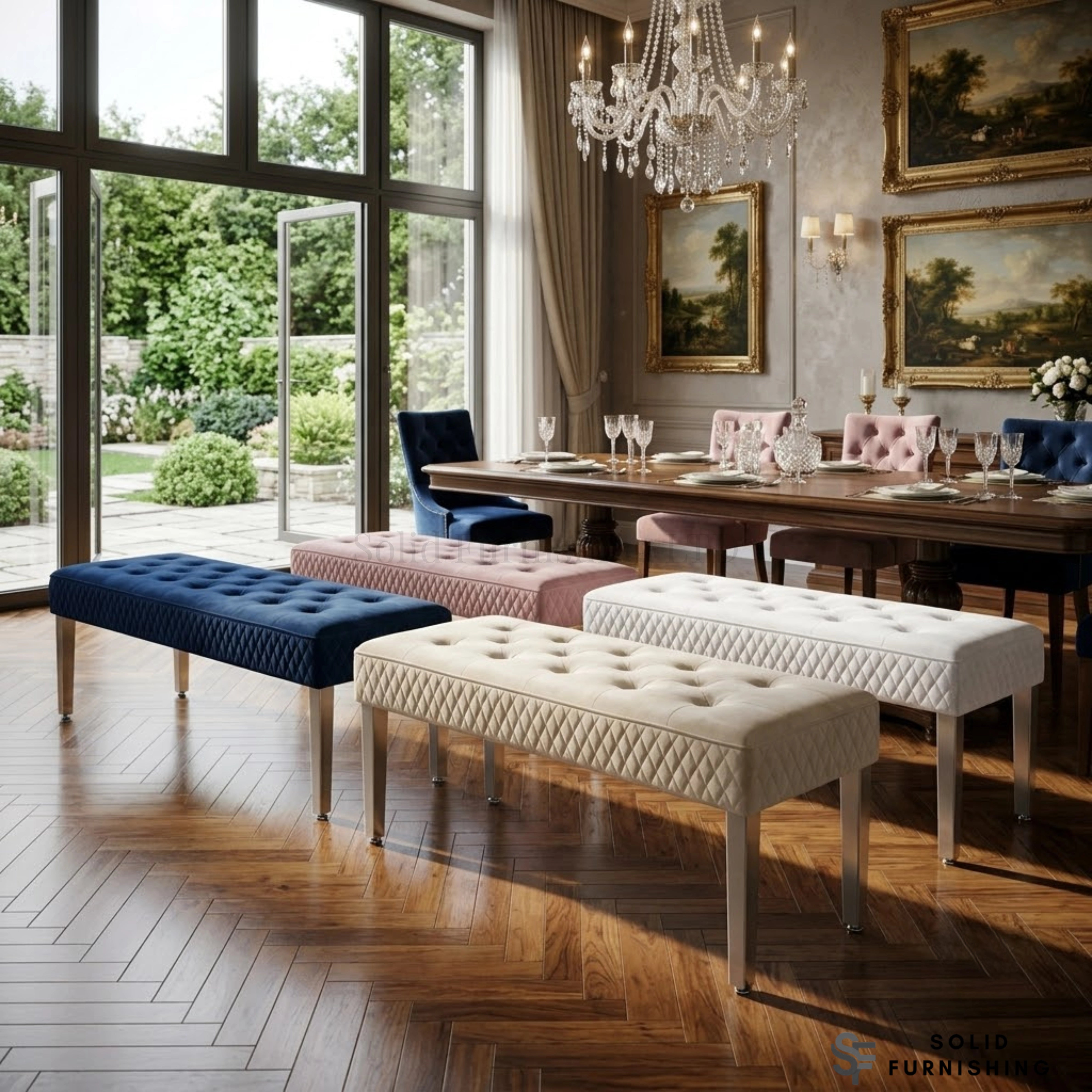 Majestic French Velvet Dining Bench – Quilted Buttoned Bench with Stainless Steel Legs