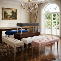 Majestic French Velvet Dining Bench – Quilted Buttoned Bench with Stainless Steel Legs