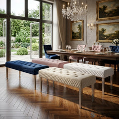 Majestic French Velvet Dining Bench – Quilted Buttoned Bench with Stainless Steel Legs