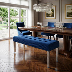 Majestic French Velvet Dining Bench – Quilted Buttoned Bench with Stainless Steel Legs