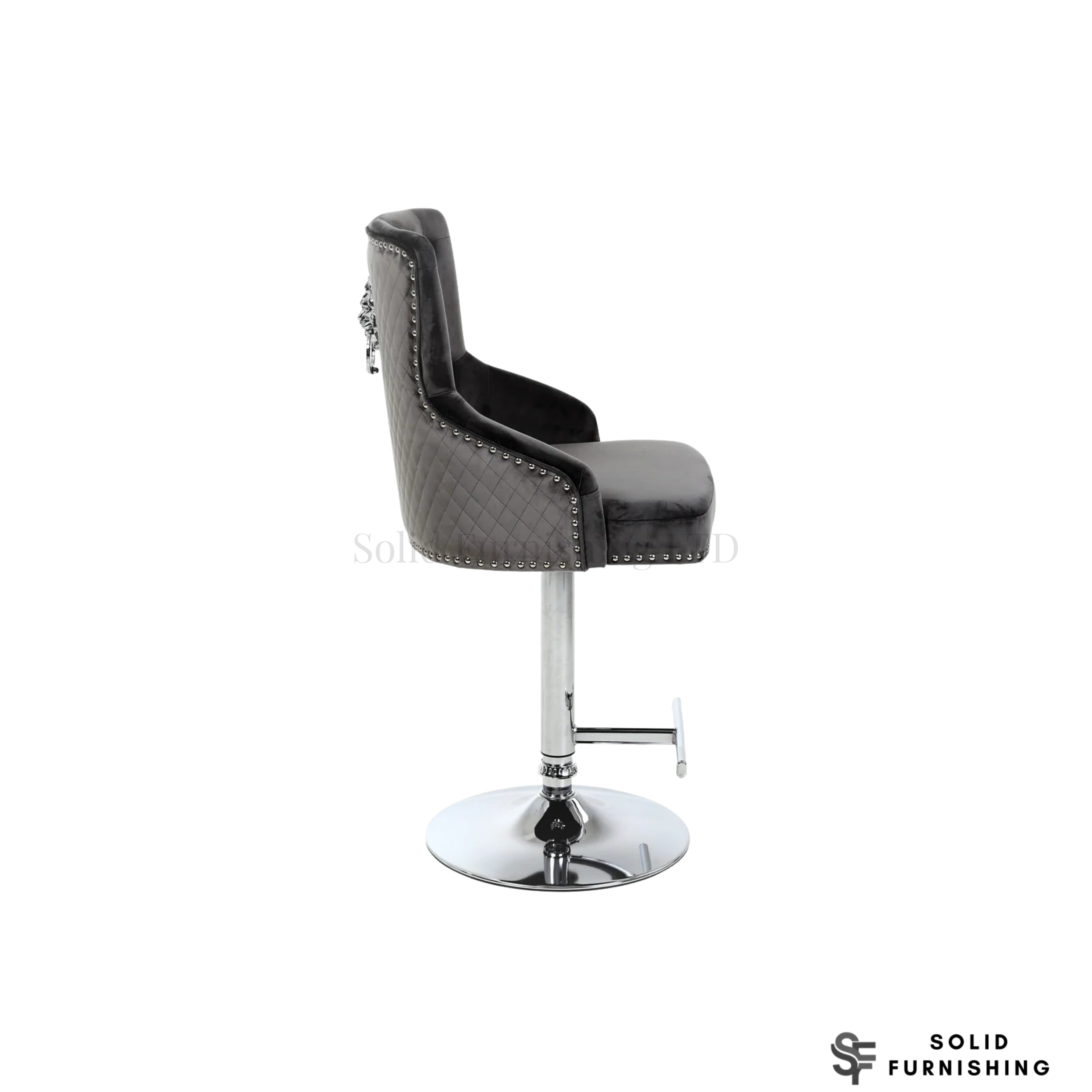 Majestic Grey Fabric Lion Knocker Bar Stool – Adjustable Chrome Breakfast Bar Chair