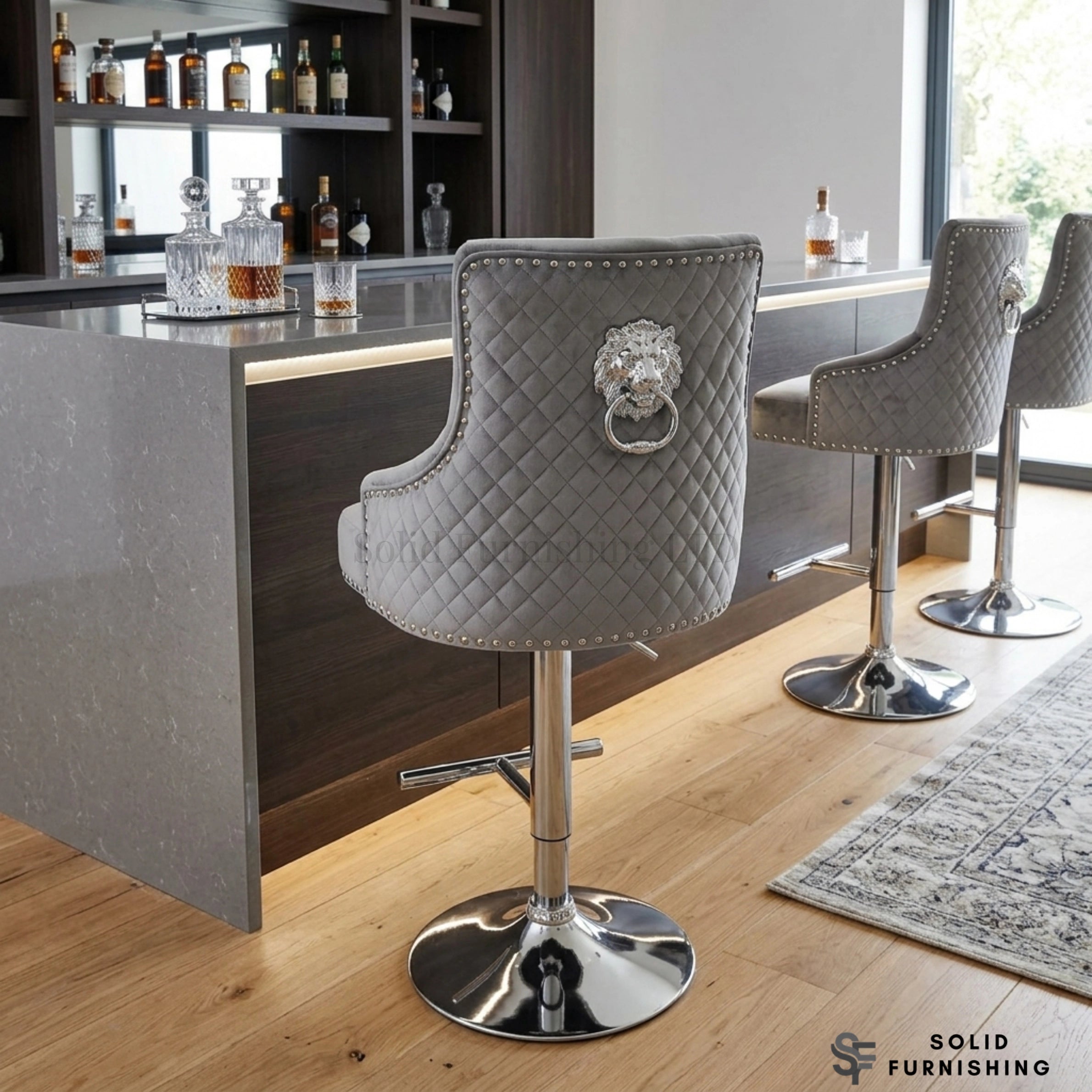 Majestic Grey Fabric Lion Knocker Bar Stool – Adjustable Chrome Breakfast Bar Chair