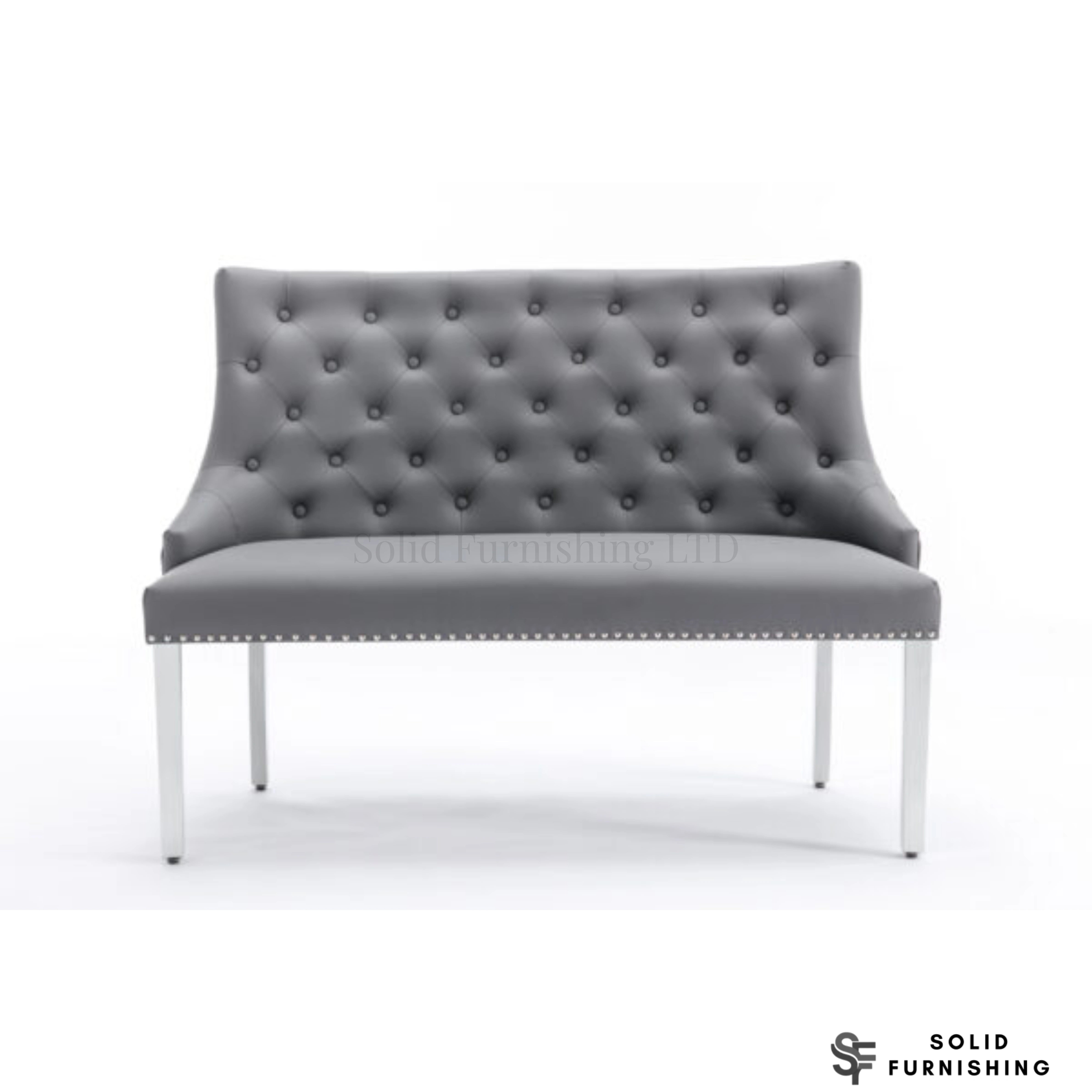 Majestic Grey PU High Back Dining Bench with Chrome Legs – Lion Knocker Back Bench