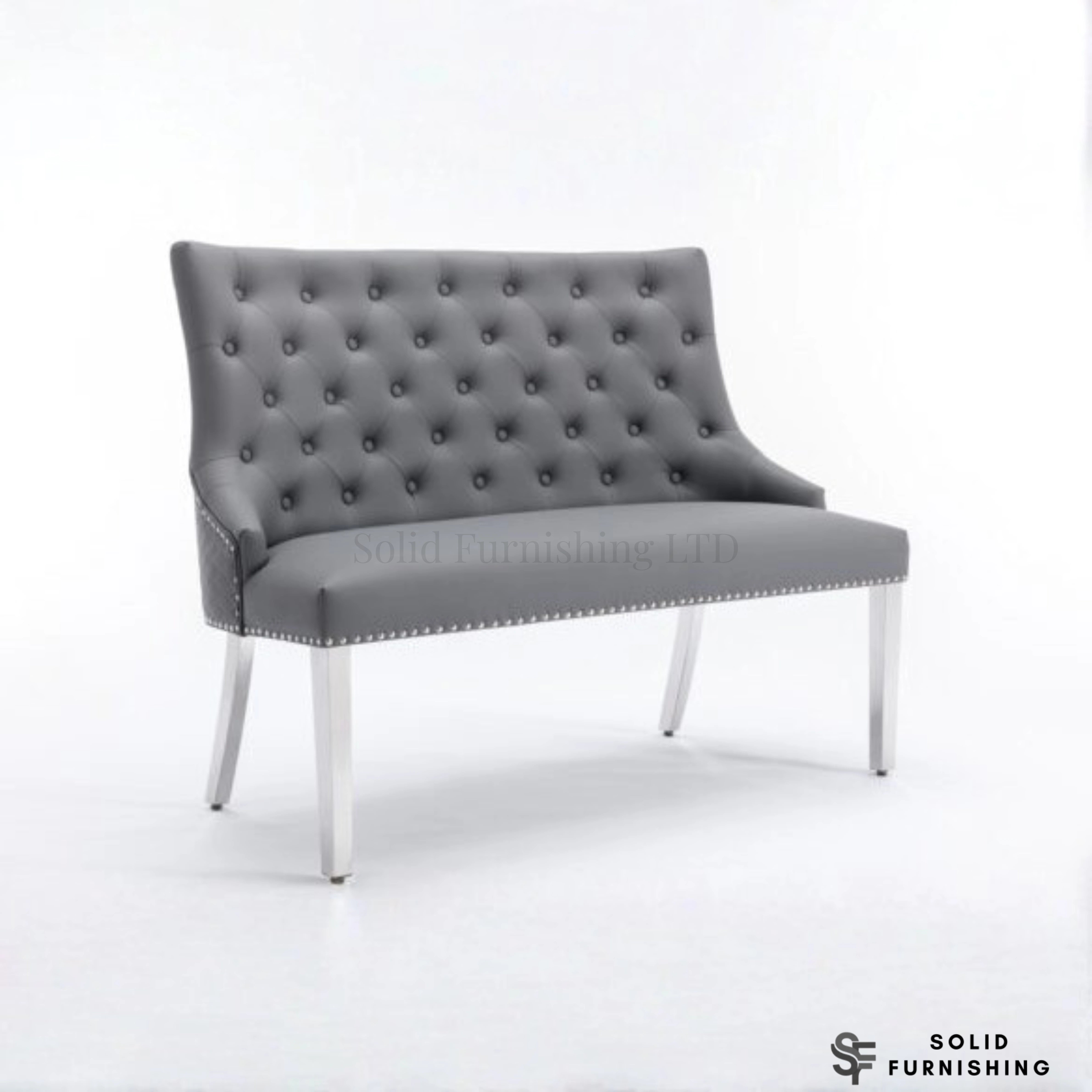 Majestic Grey PU High Back Dining Bench with Chrome Legs – Lion Knocker Back Bench