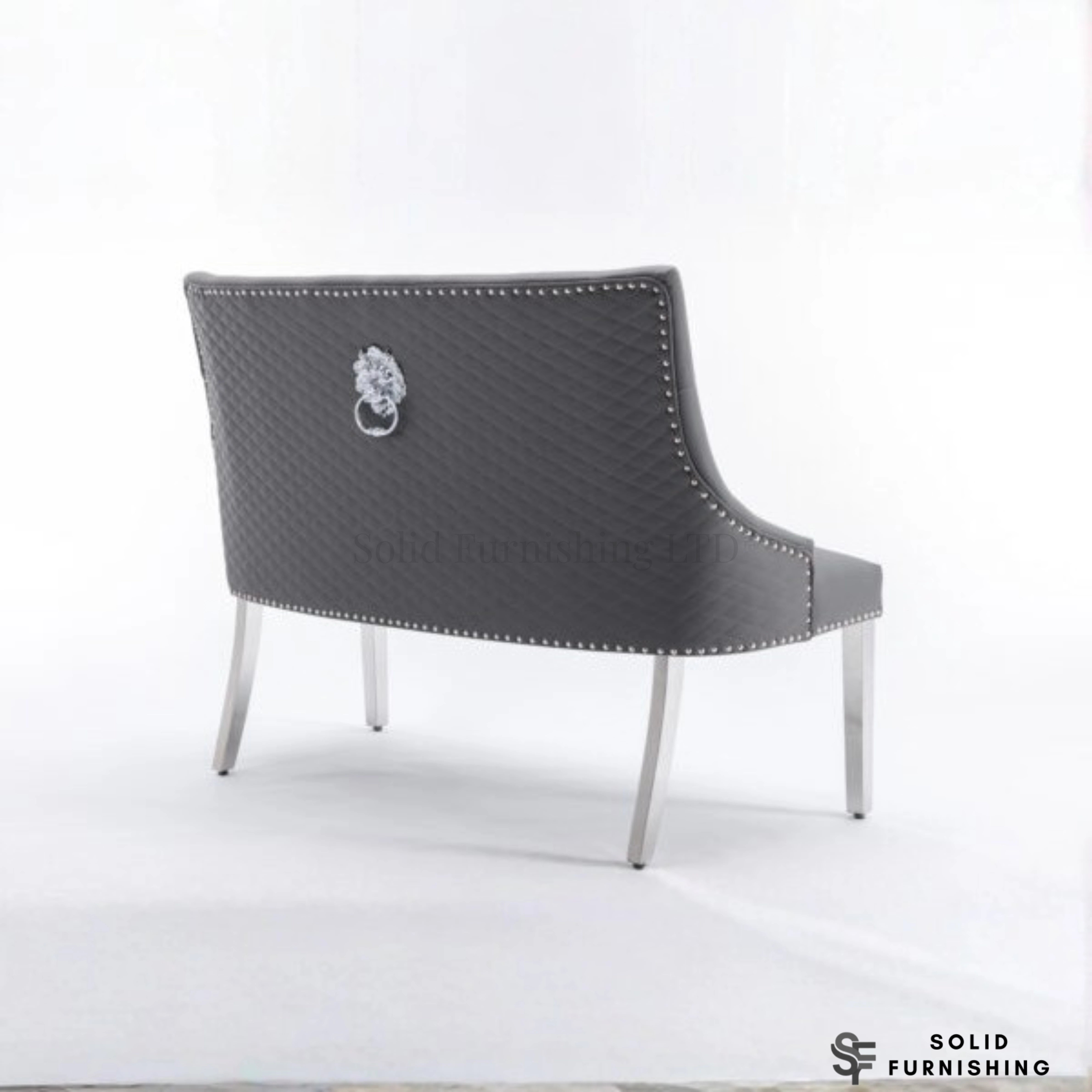 Majestic Grey PU High Back Dining Bench with Chrome Legs – Lion Knocker Back Bench