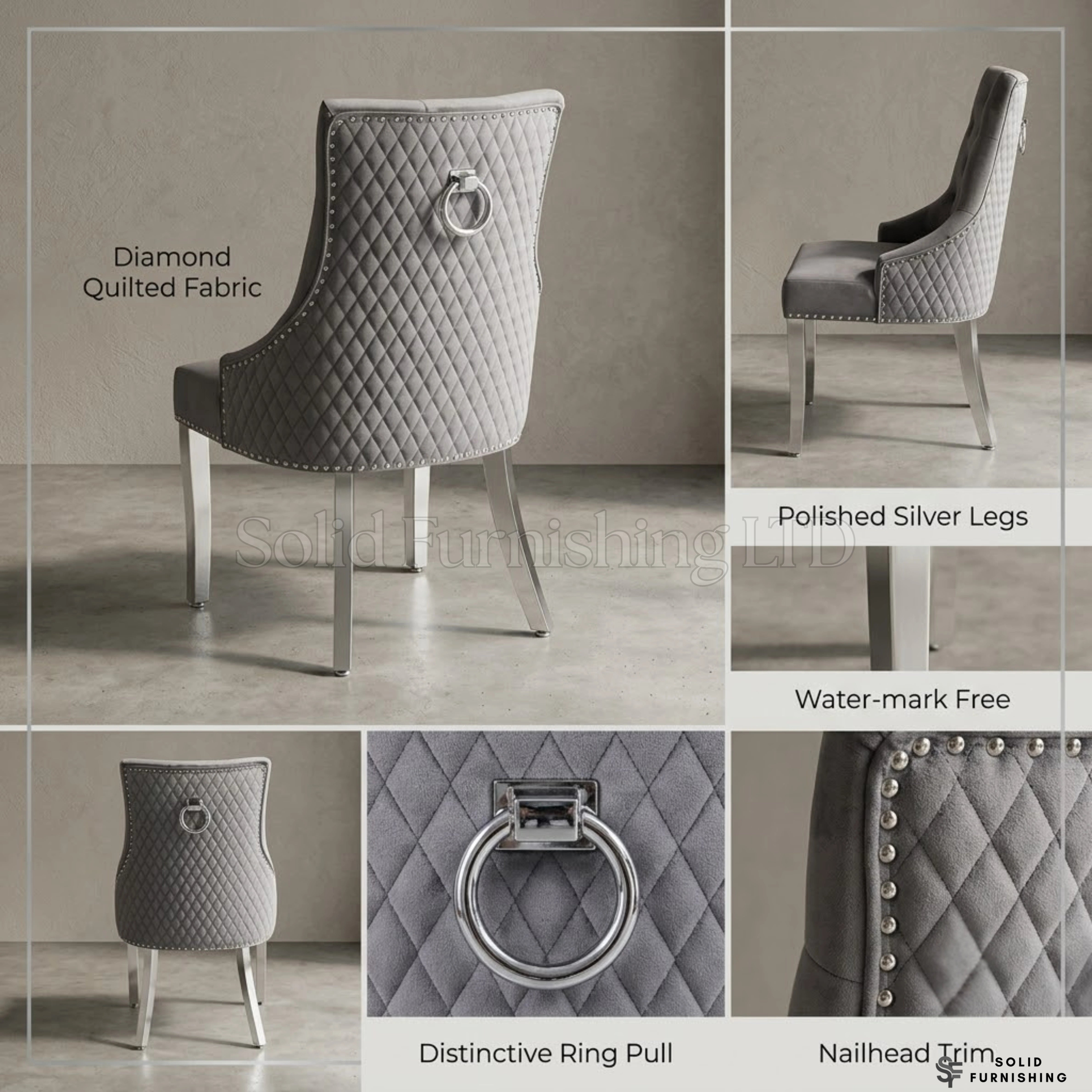 Majestic Grey Velvet Ring Knocker Dining Chairs – Silver Legs (Set of 2)