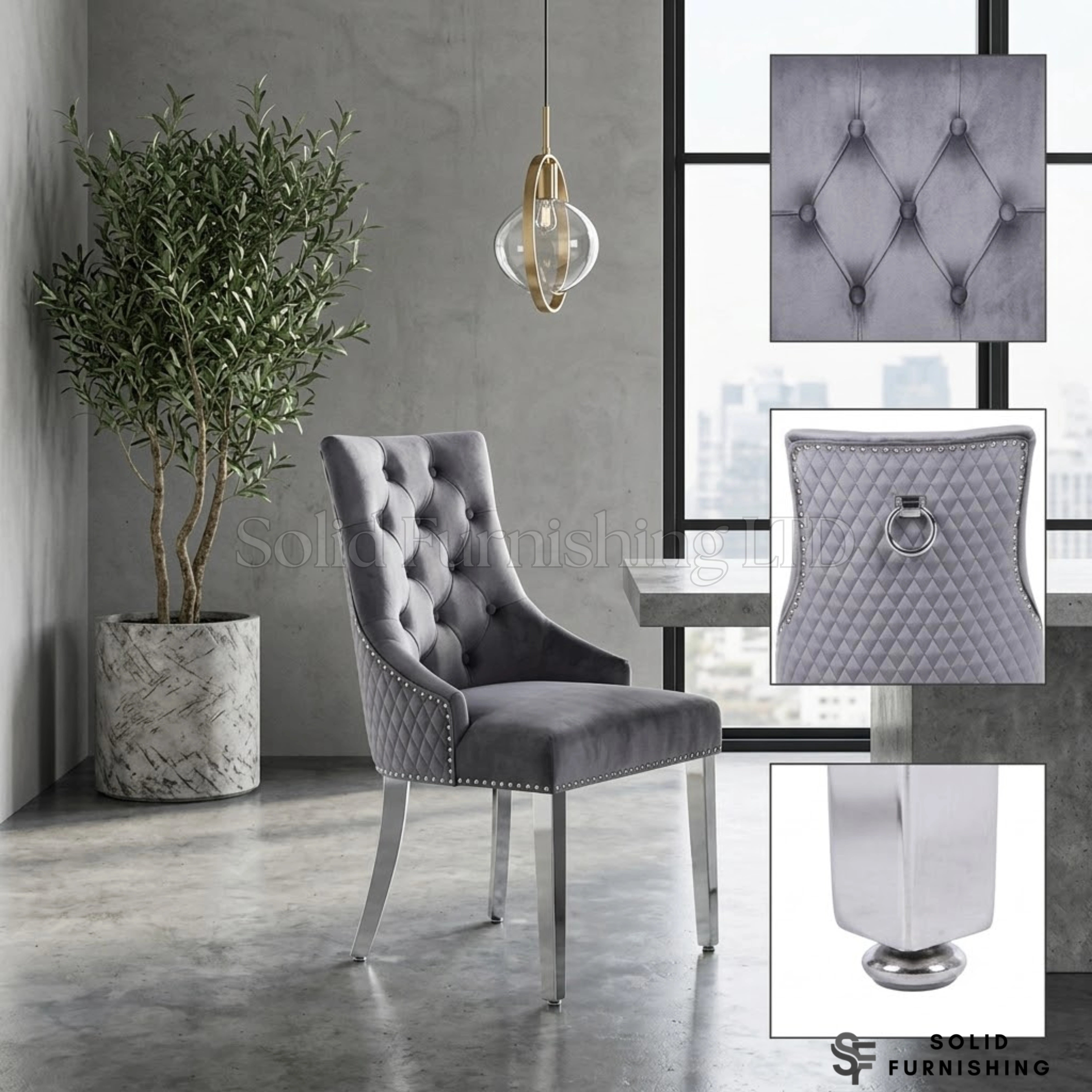 Majestic Grey Velvet Ring Knocker Dining Chairs – Silver Legs (Set of 2)