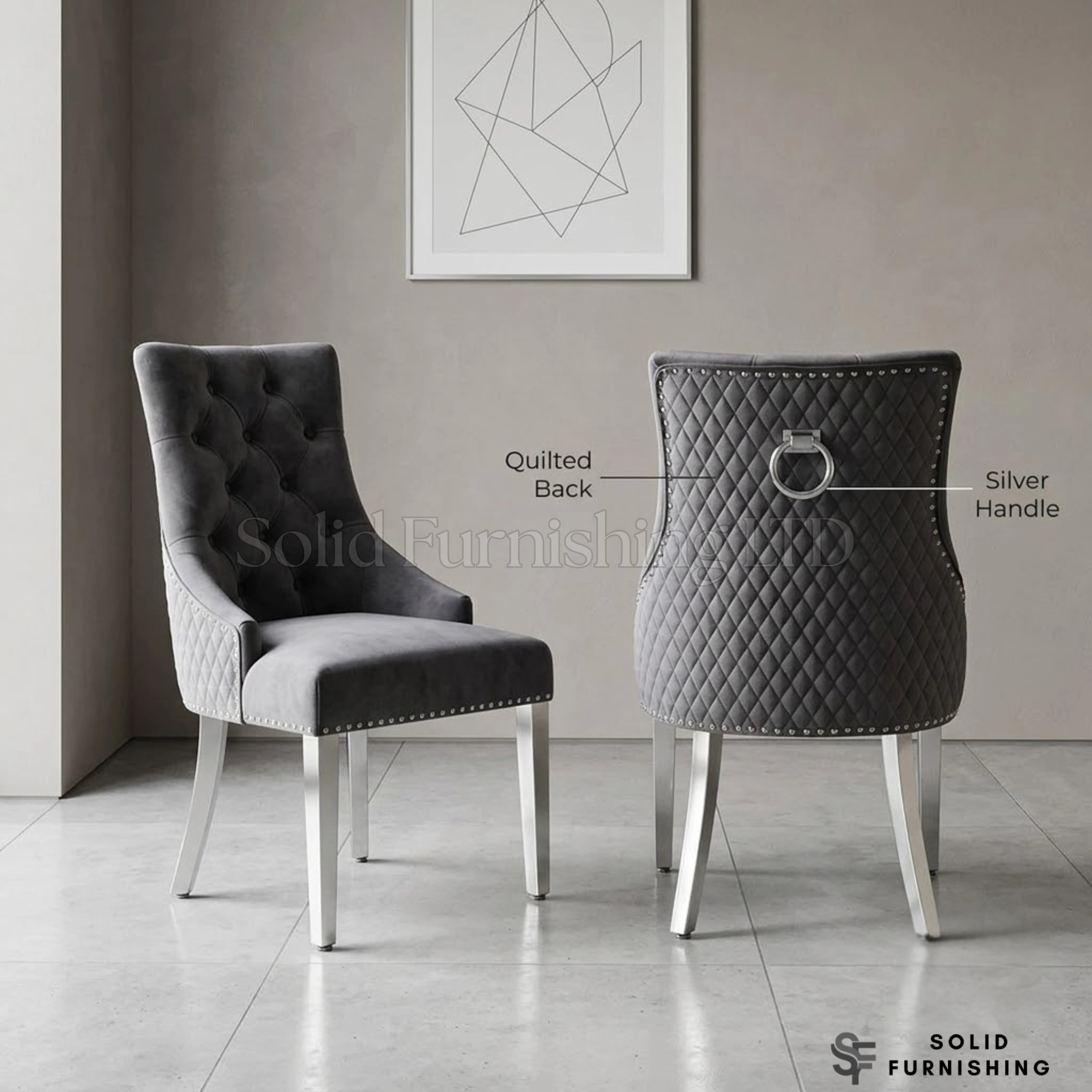 Majestic Grey Velvet Ring Knocker Dining Chairs – Silver Legs (Set of 2)