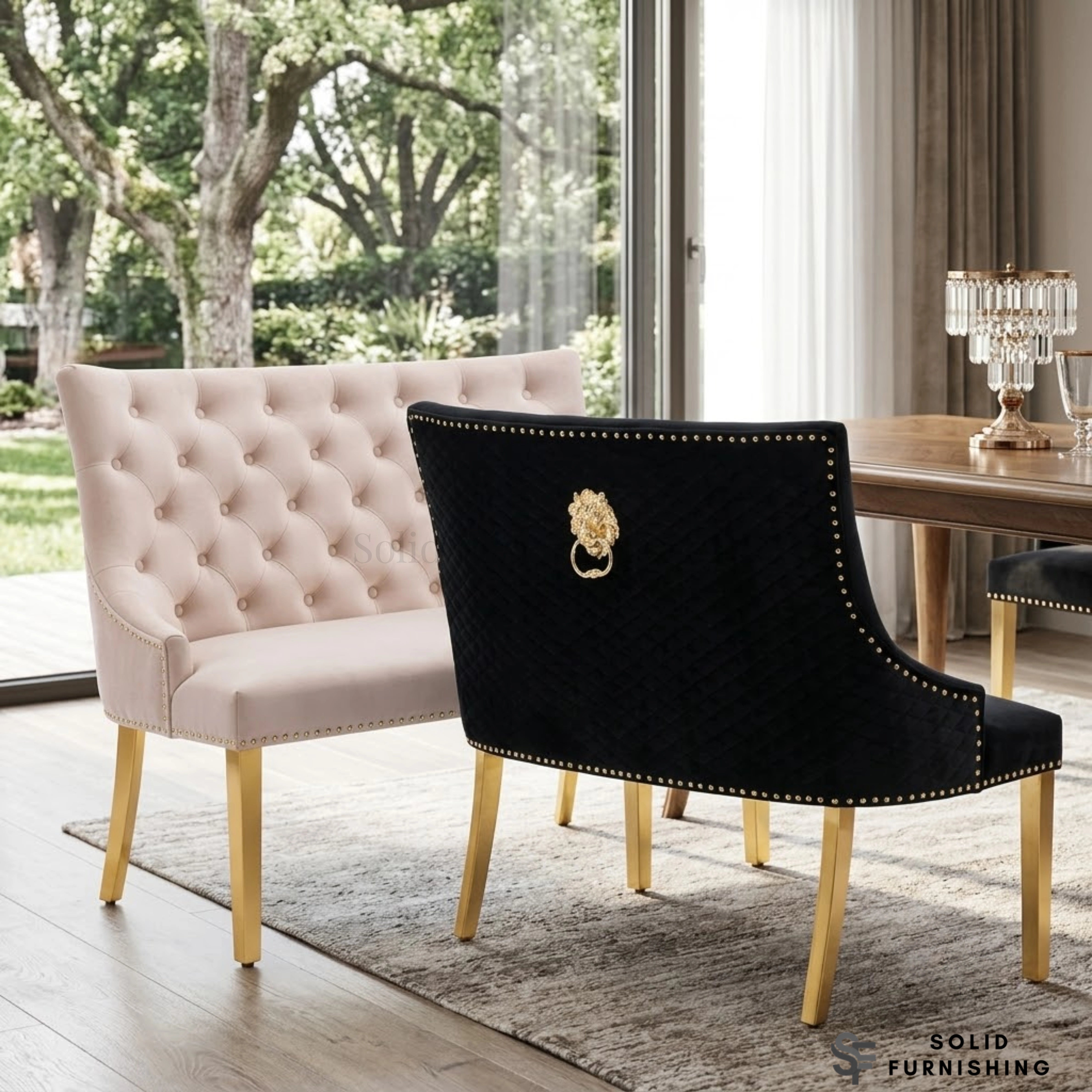 Majestic High Back Velvet Dining Bench with Gold Legs – Black or Mink