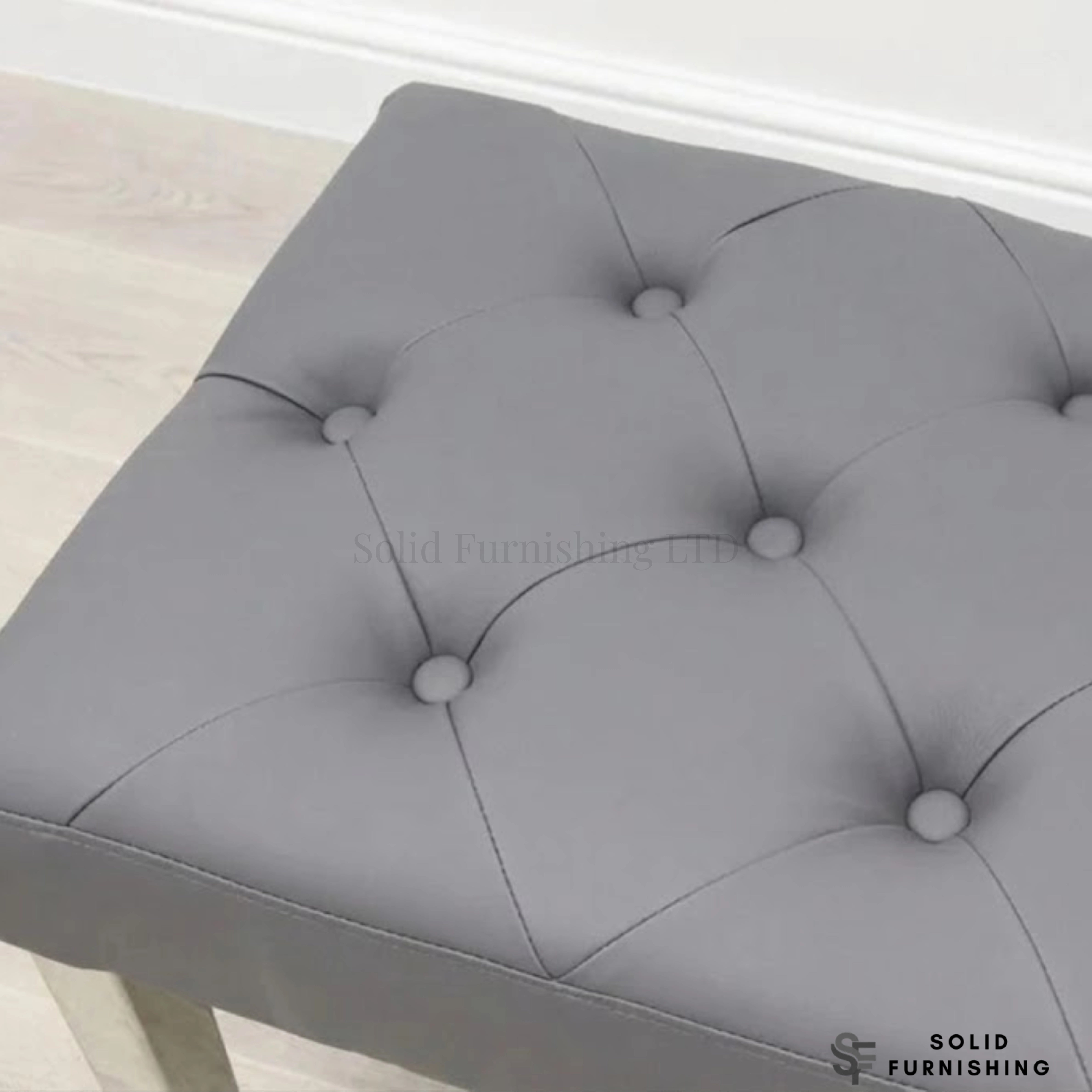 Majestic Hudson Grey PU Leather Bench – Buttoned Dining Bench with Stainless Steel Legs