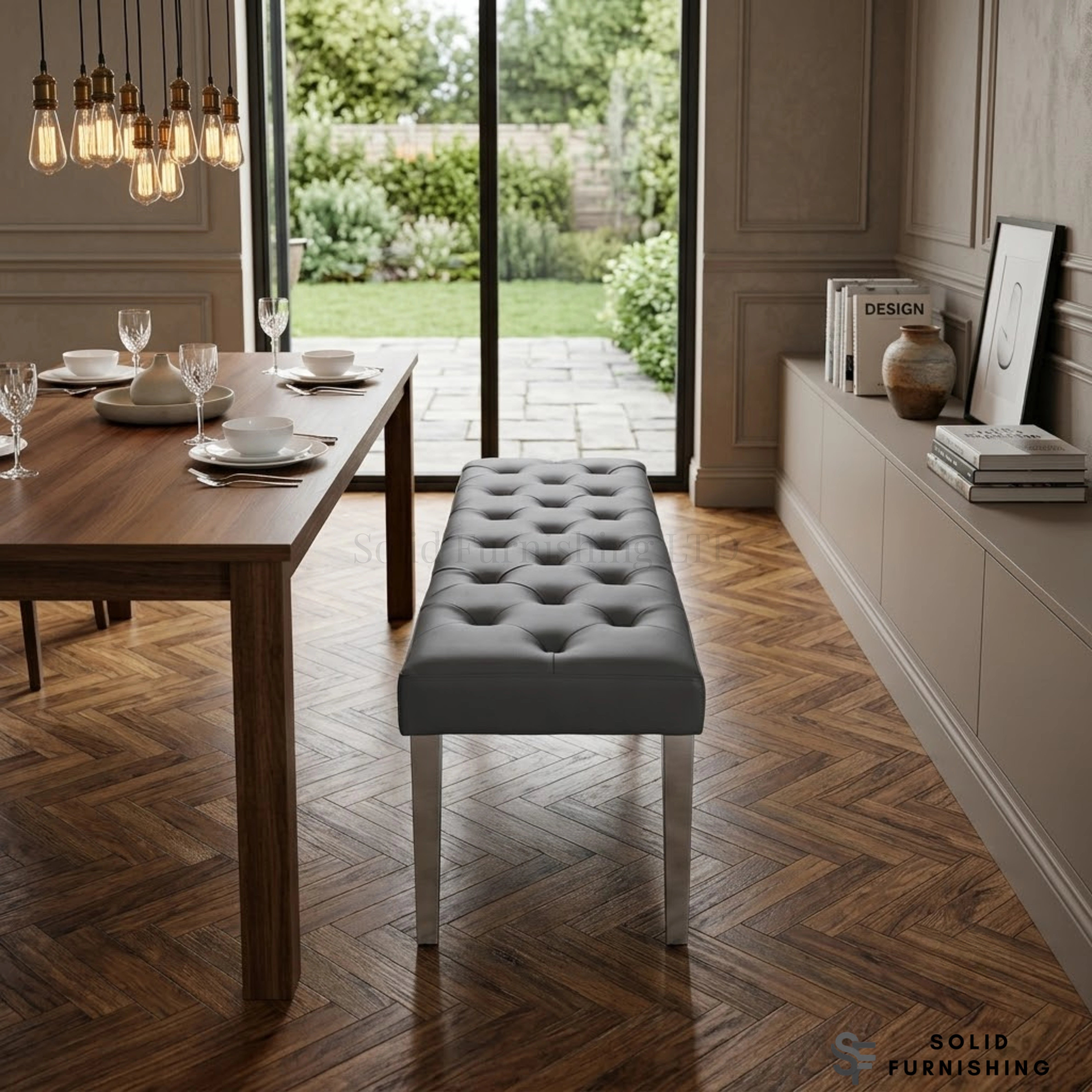 Majestic Hudson Grey PU Leather Bench – Buttoned Dining Bench with Stainless Steel Legs