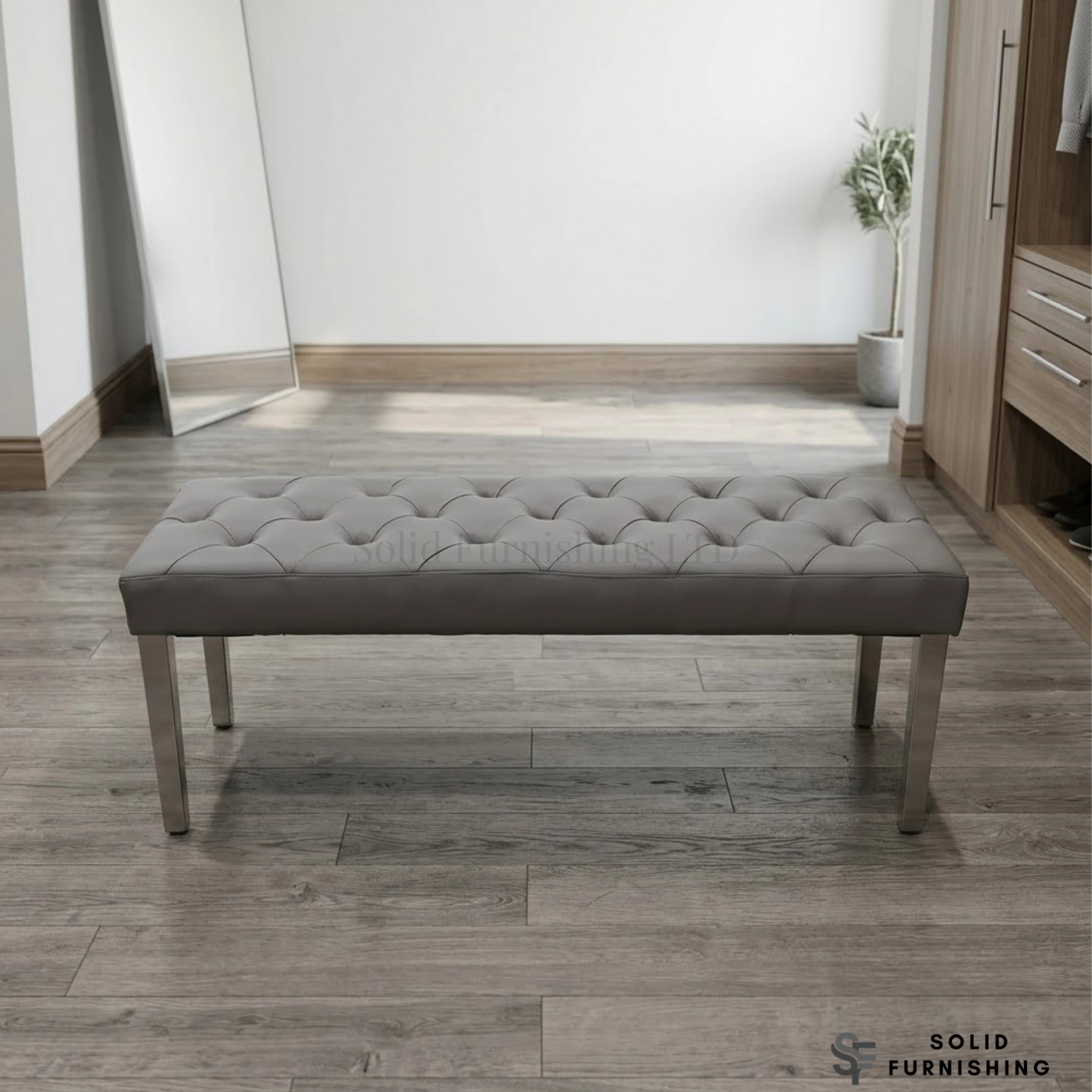 Majestic Hudson Grey PU Leather Bench – Buttoned Dining Bench with Stainless Steel Legs