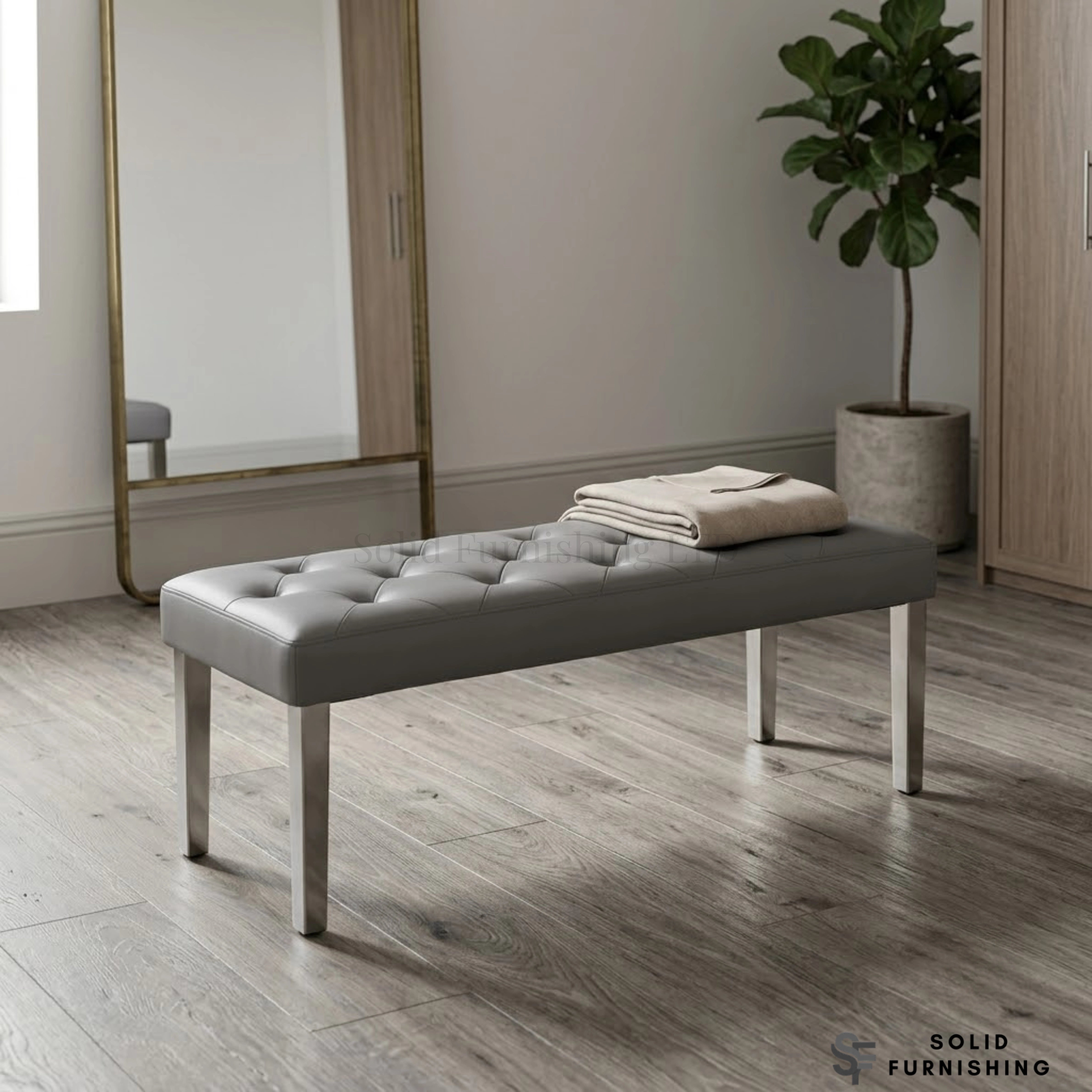 Majestic Hudson Grey PU Leather Bench – Buttoned Dining Bench with Stainless Steel Legs
