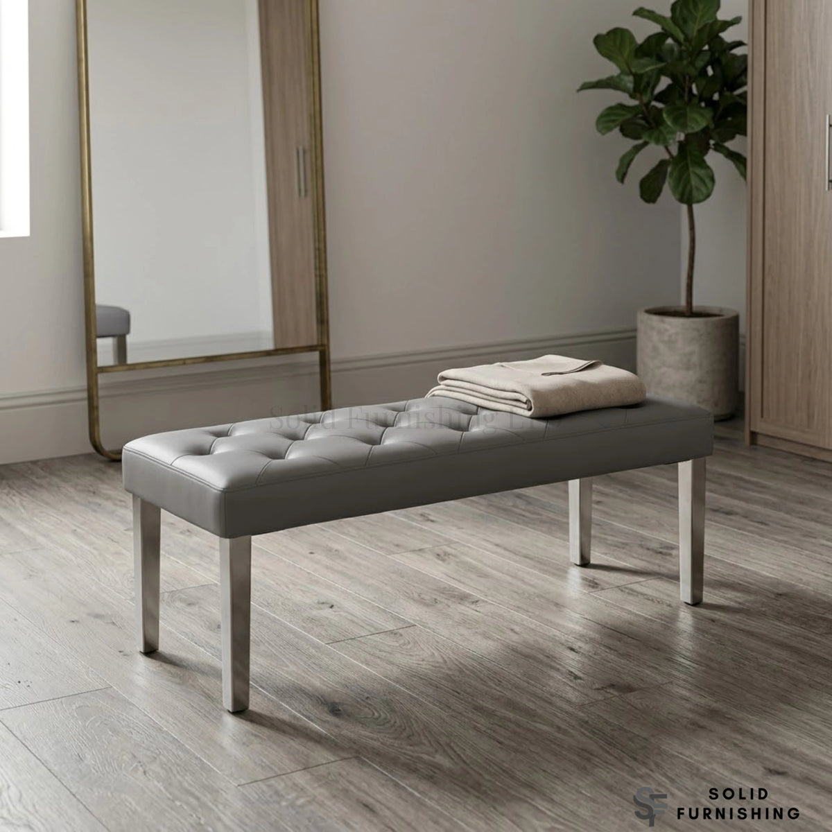 Majestic Hudson Grey PU Leather Bench – Buttoned Dining Bench with Stainless Steel Legs