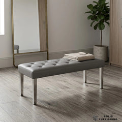 Majestic Hudson Grey PU Leather Bench – Buttoned Dining Bench with Stainless Steel Legs