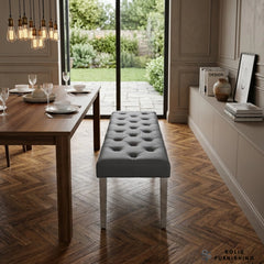 Majestic Hudson Grey PU Leather Bench – Buttoned Dining Bench with Stainless Steel Legs