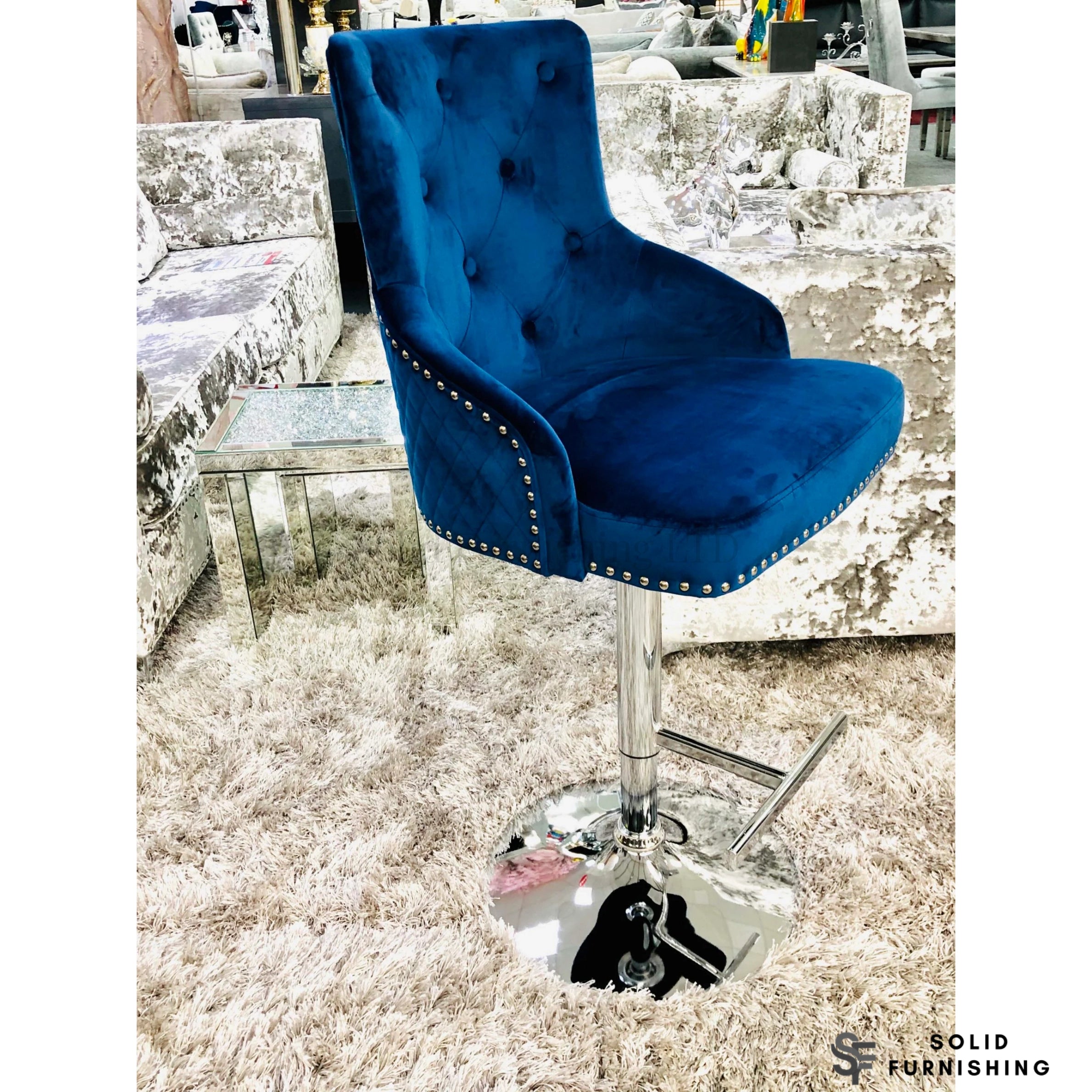 Majestic Navy Blue Lion Knocker Bar Stool – Adjustable Chrome Breakfast Bar Chair
