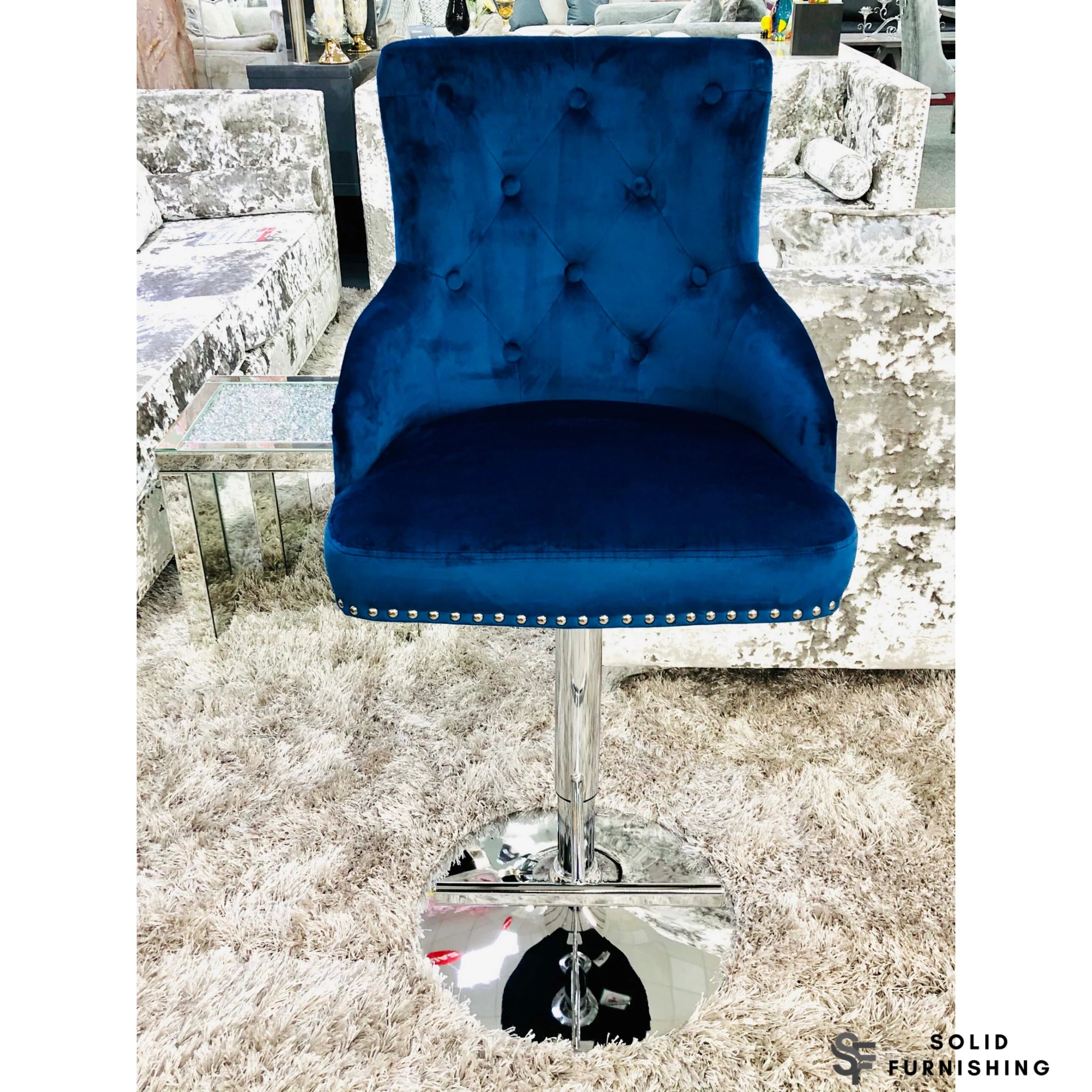 Majestic Navy Blue Lion Knocker Bar Stool – Adjustable Chrome Breakfast Bar Chair