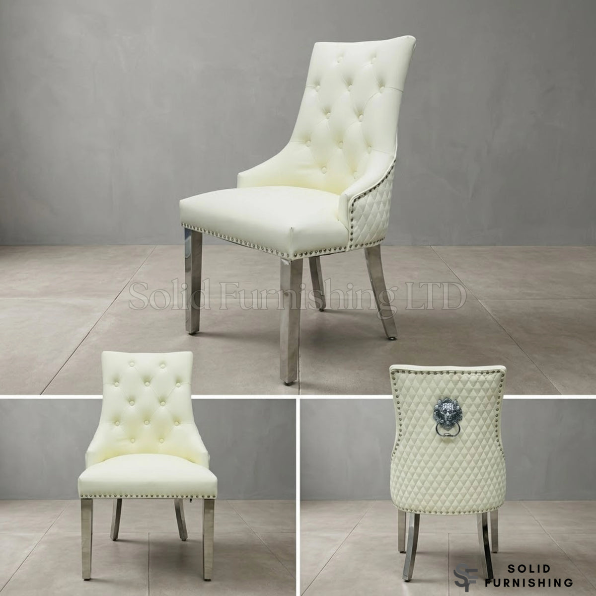 Majestic PU Leather Lion Knocker Dining Chairs – Black, Cream or Grey with Chrome Legs (Set of 2)